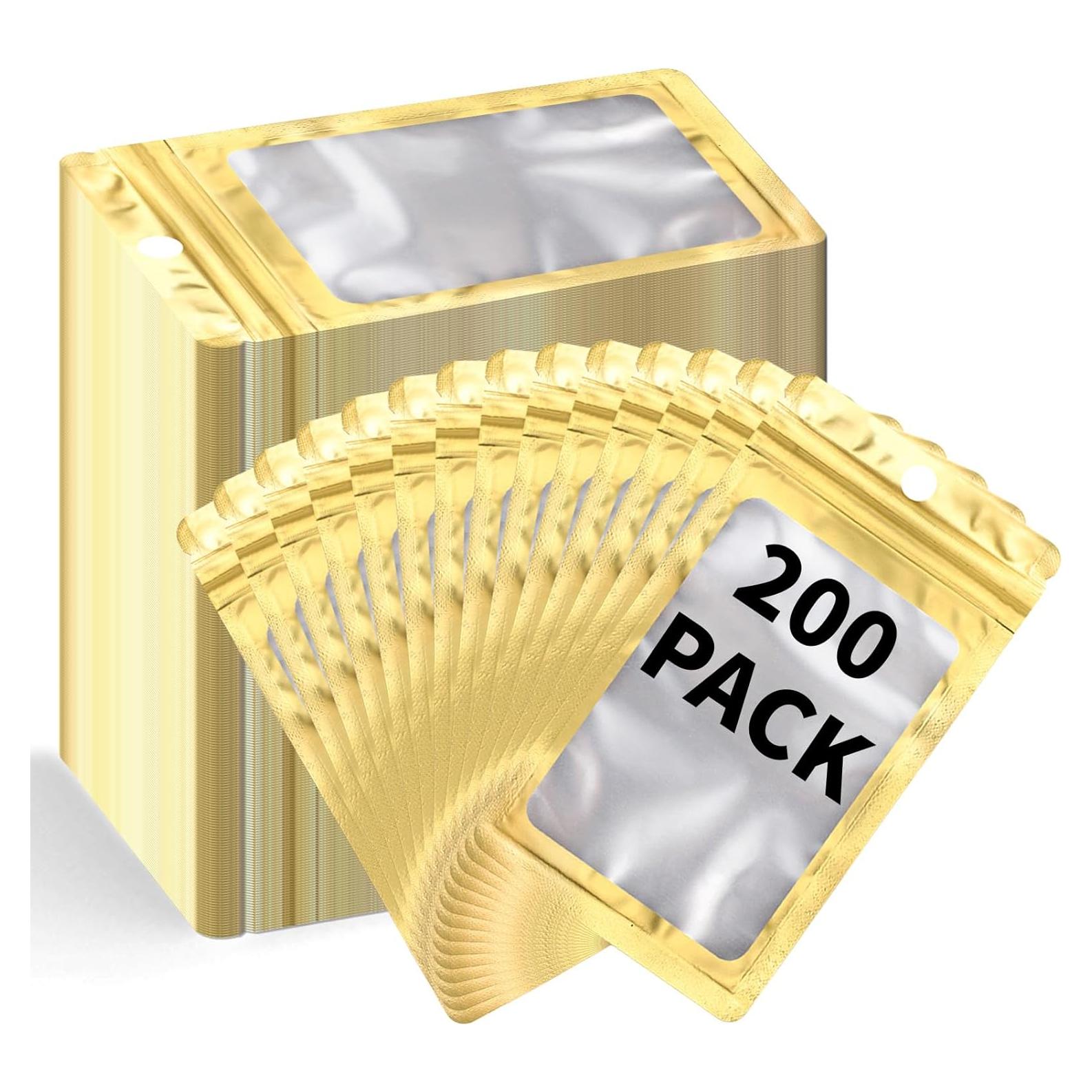 Paquete de 200 Bolsas Mylar Reutilizables MSBS 8x14cm Dorado