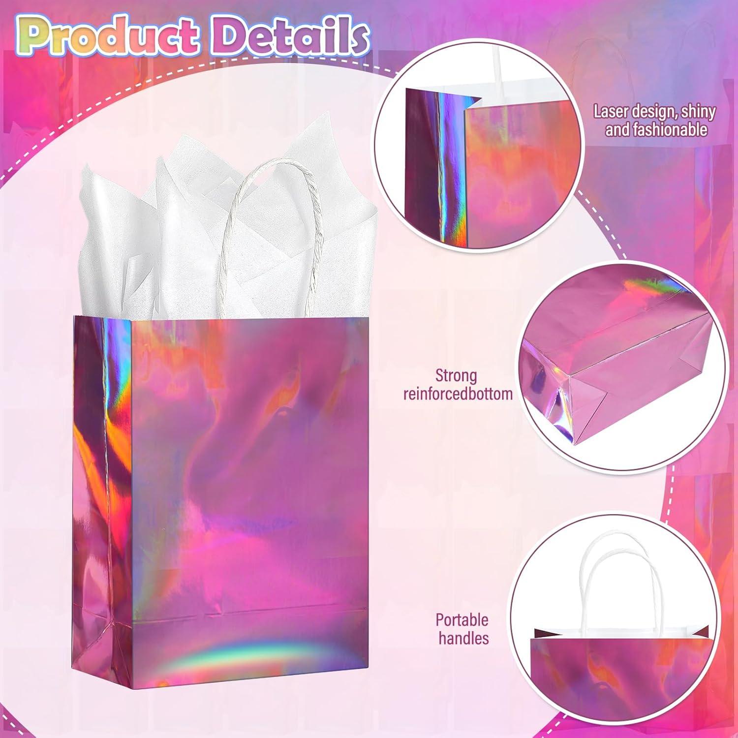 24 Bolsas de Regalo Iridiscentes Rosadas con Asas 7.87x16x21.84cm