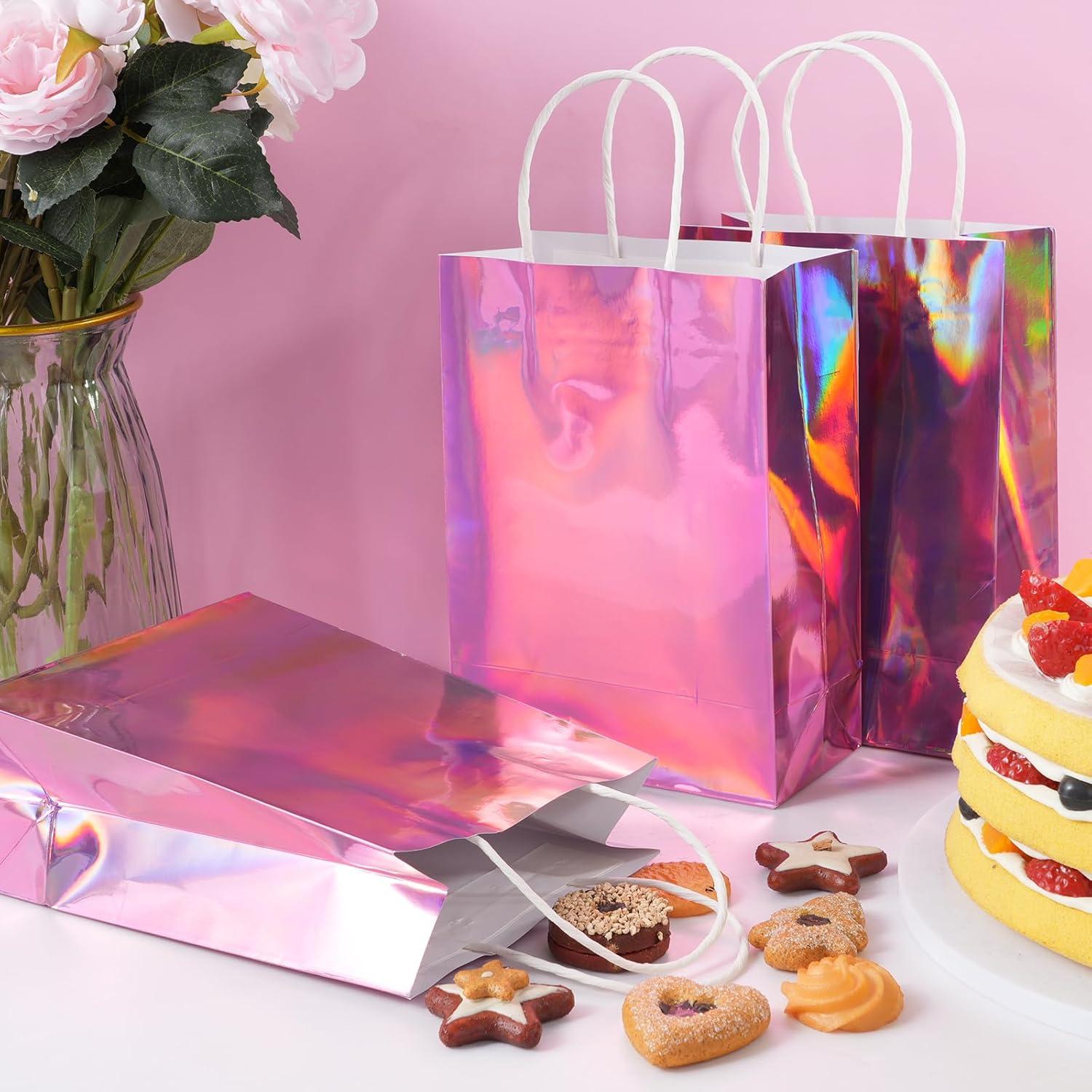 24 Bolsas de Regalo Iridiscentes Rosadas con Asas 7.87x16x21.84cm