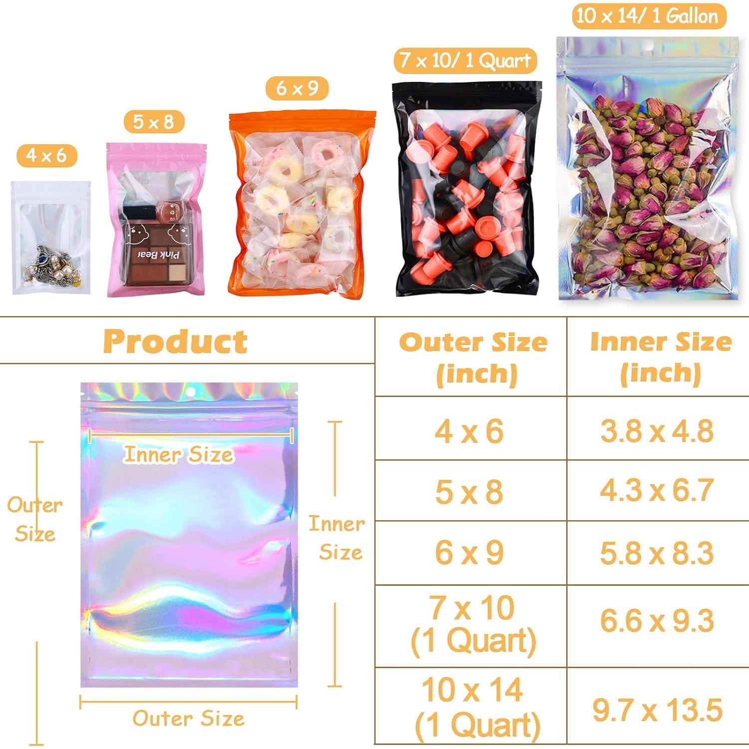 Paquete de 100 bolsas de mylar holográficas 17x25 cm resellables