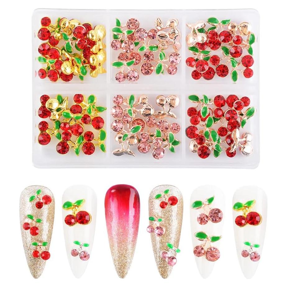 60 Piezas Encantos de Uñas Cereza 3D Katfan 9x9mm