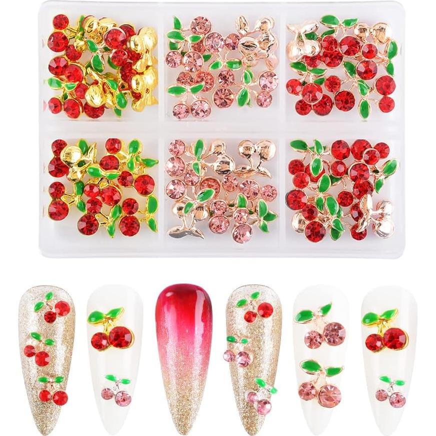 60 Piezas Encantos de Uñas Cereza 3D Katfan 9x9mm