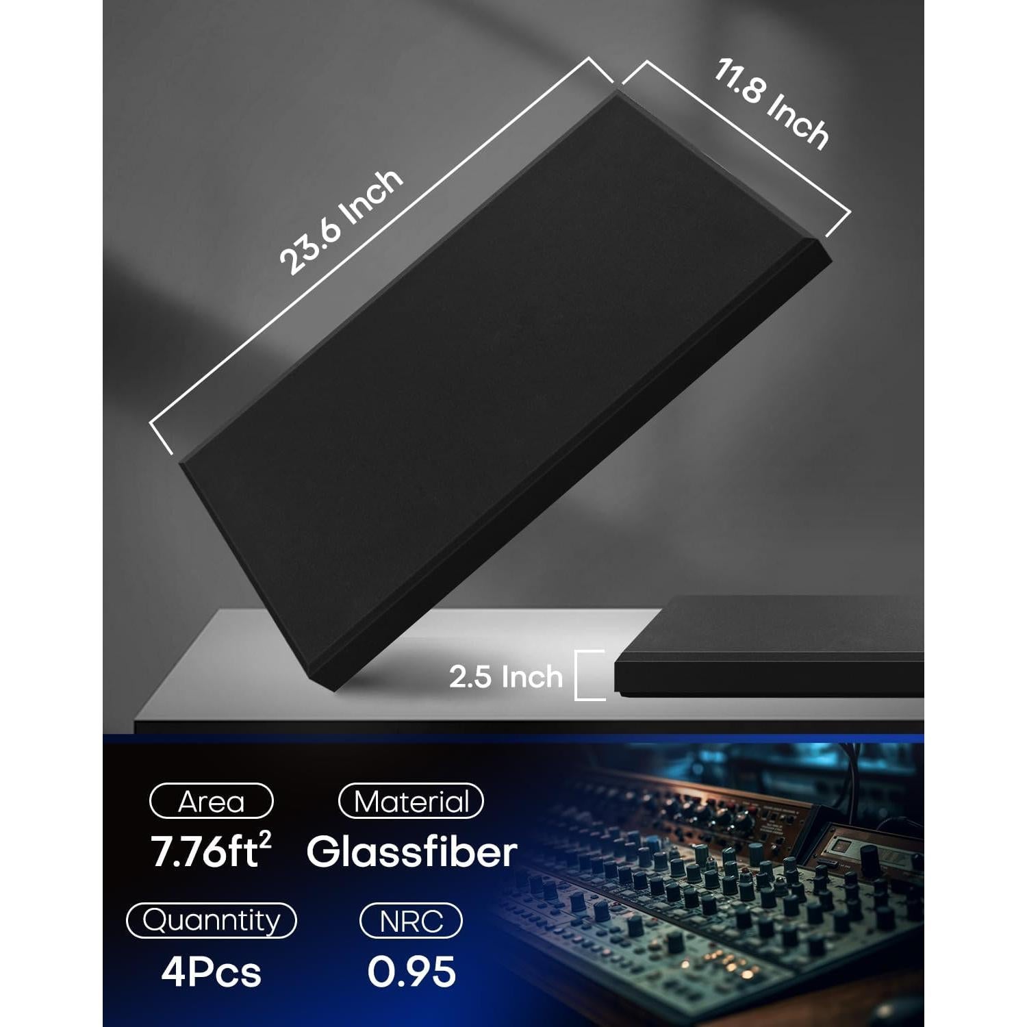 Paquete de 4 Paneles Acústicos de Fibra de Vidrio 60x30cm Negro