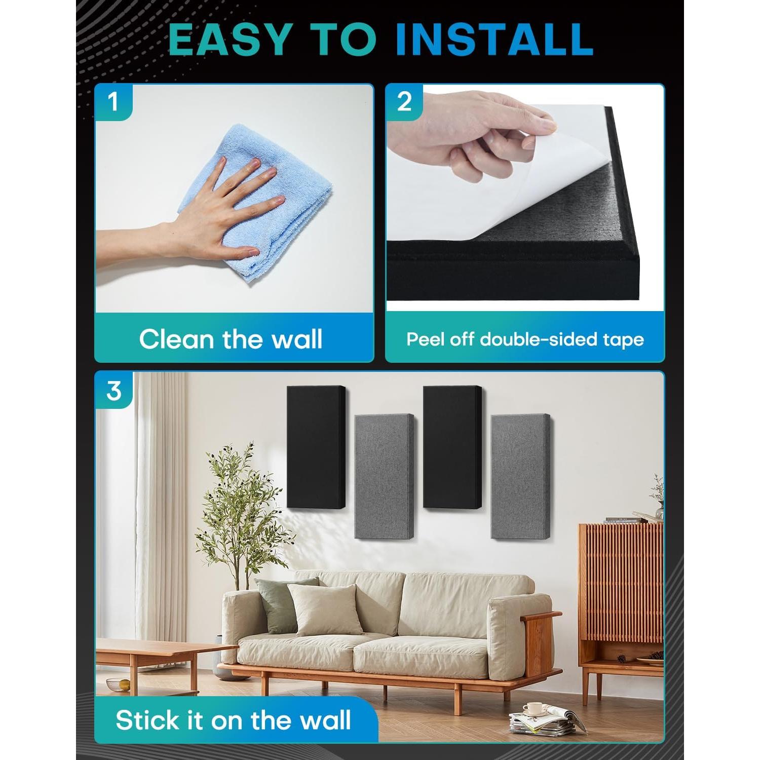 Paquete de 4 Paneles Acústicos de Fibra de Vidrio 60x30cm Negro