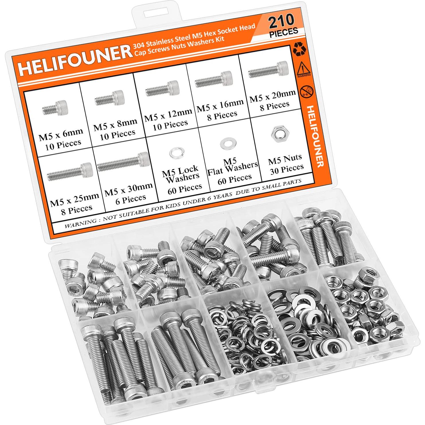 Kit 210 Piezas Tornillos M5 Acero Inoxidable 304 Hexagonal