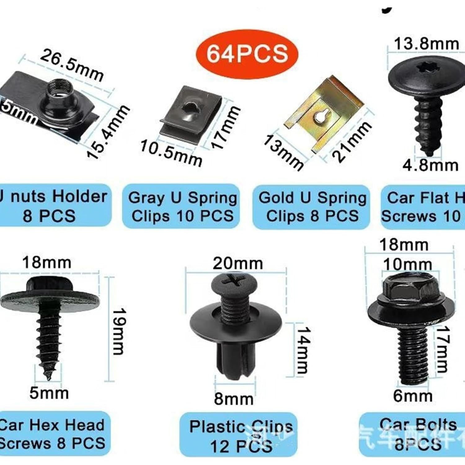 Kit de Tornillos y Clips en U GUSIRUI 64 Piezas para Auto