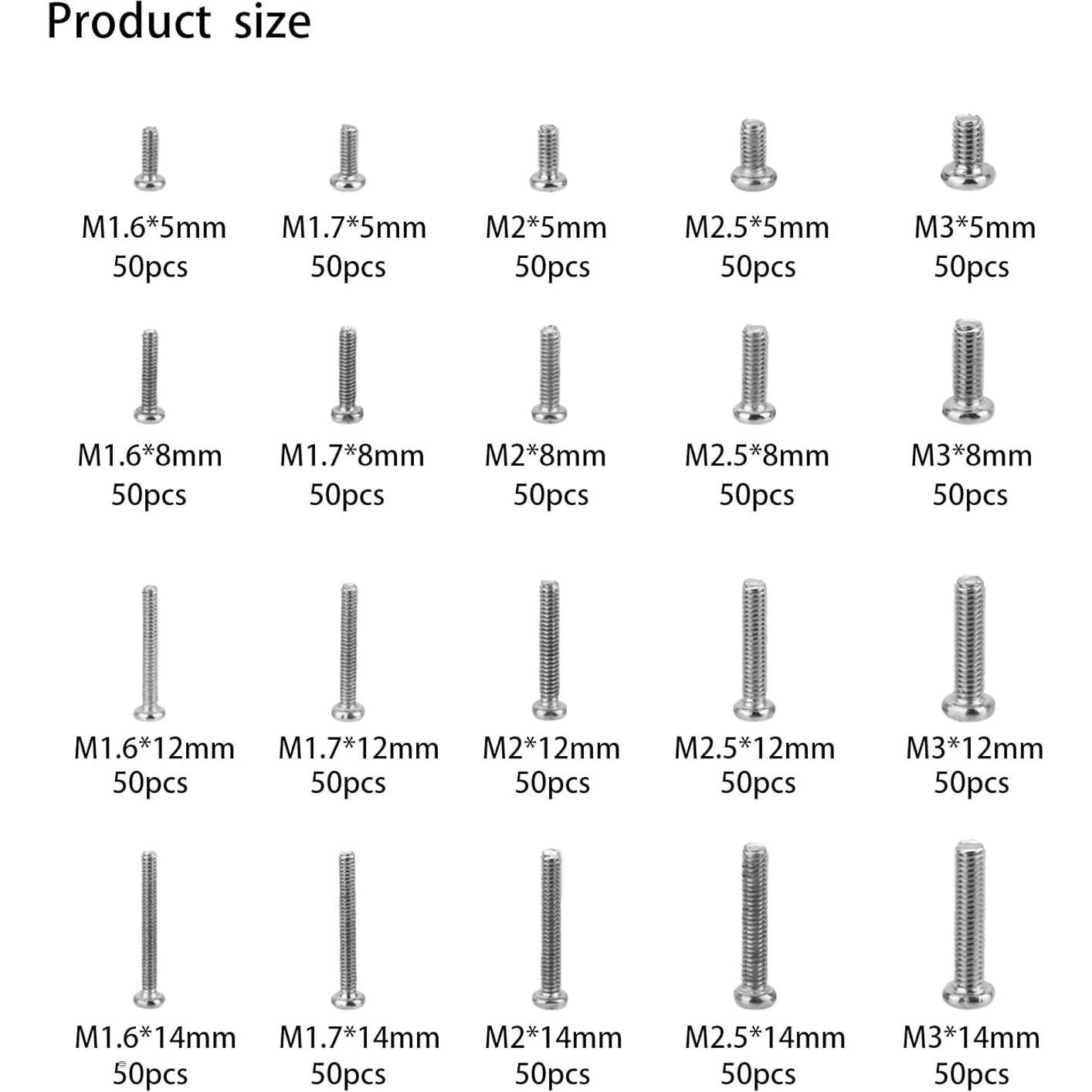 Kit de 1000 Tornillos Pequeños M1.6 M1.7 M2 M2.5 M3 WSLLM
