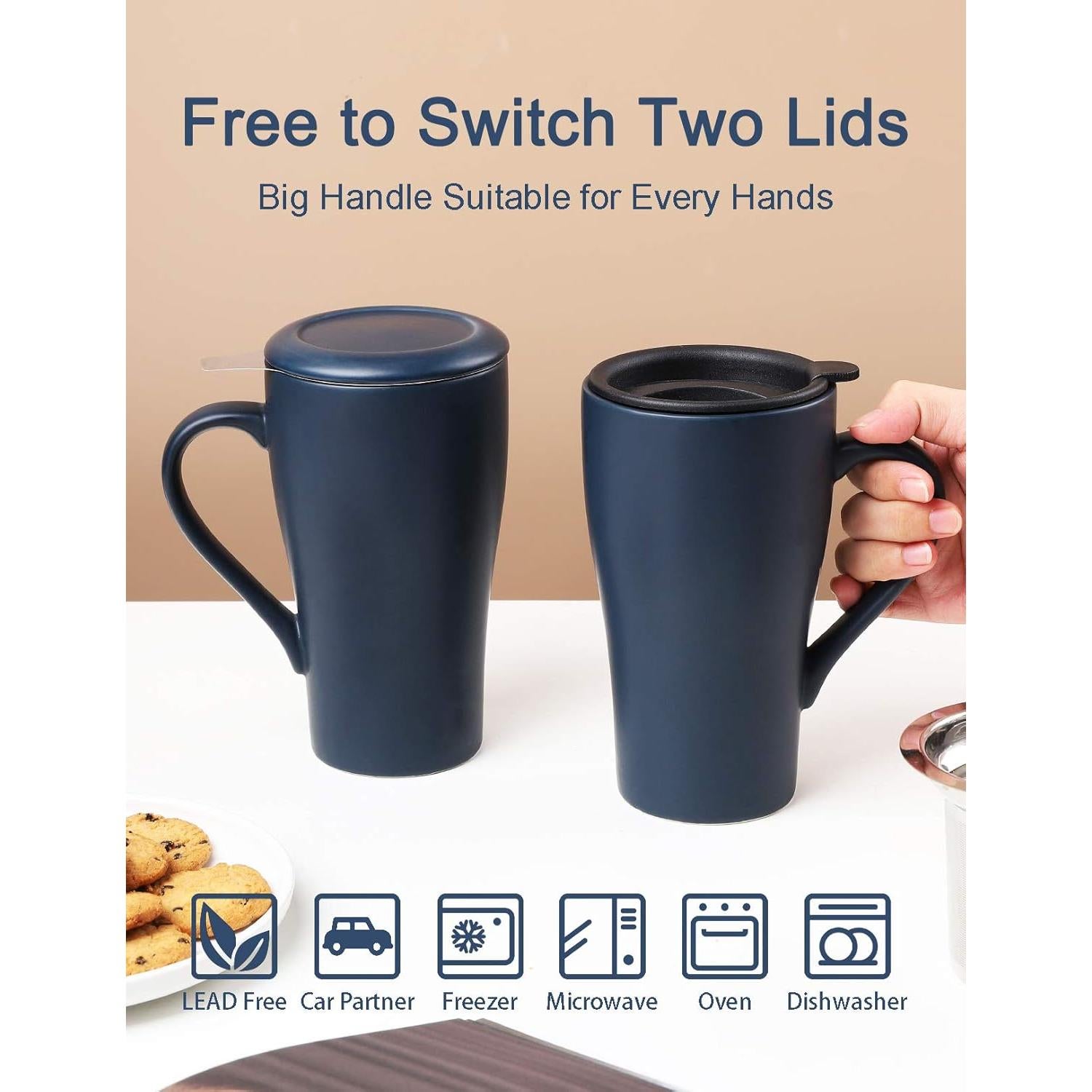 Taza de té grande ARRADEN 532ml con infusor y 2 tapas Azul