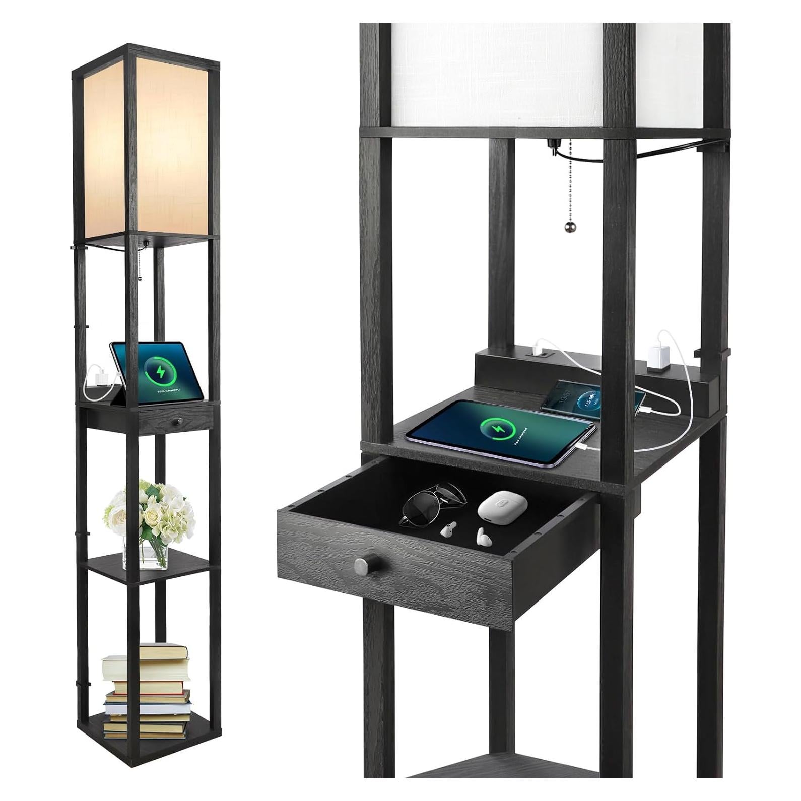 Lámpara de Pie OUTON LED con Estantes y Cargador USB-C