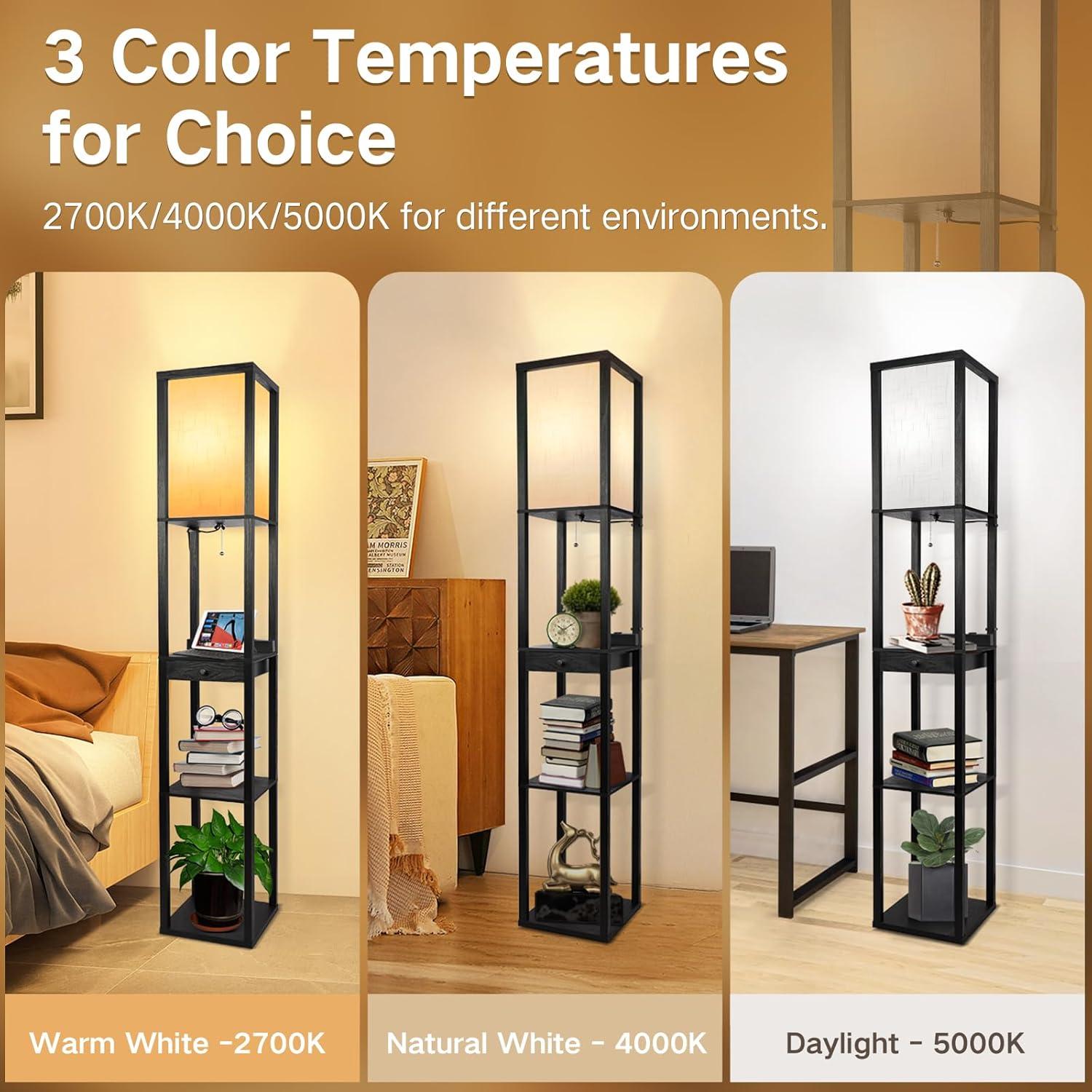 Lámpara de Pie OUTON LED con Estantes y Cargador USB-C