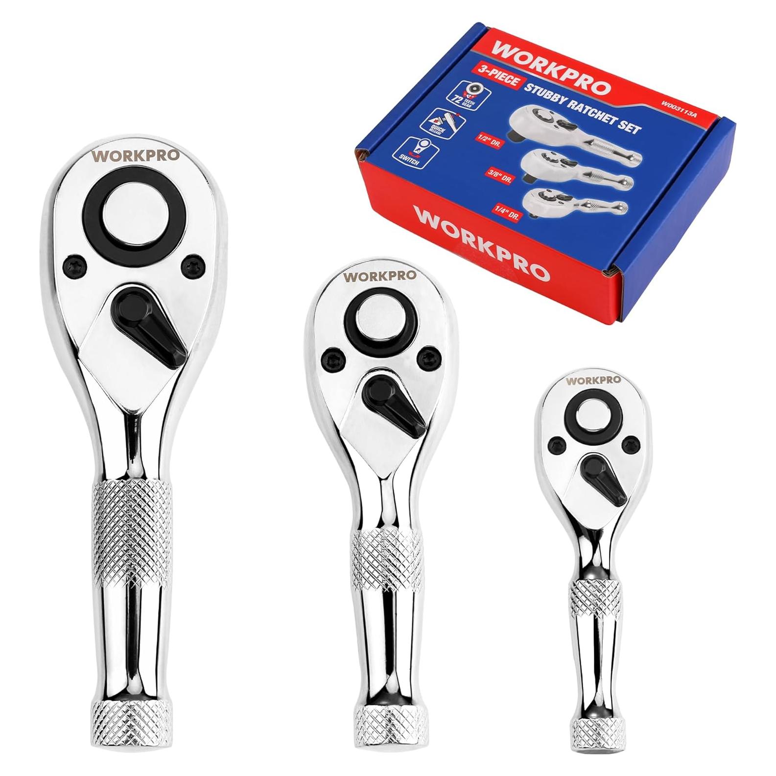 Juego de Llaves de Carraca Stubby WORKPRO 3 Piezas 72 Dientes