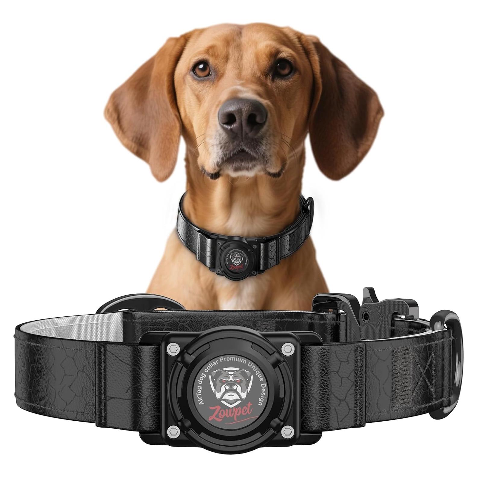 Collar de Cuero para Perro Zowpet con Soporte AirTag Negro M