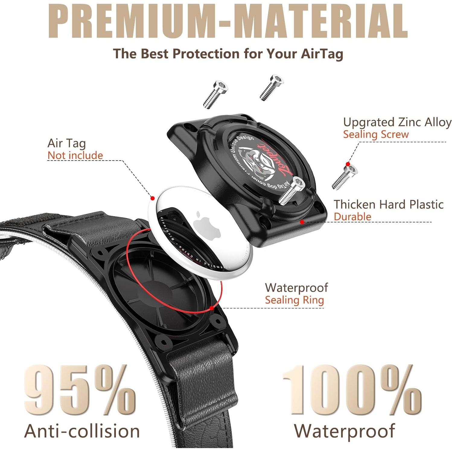 Collar de Cuero para Perro Zowpet con Soporte AirTag Negro M