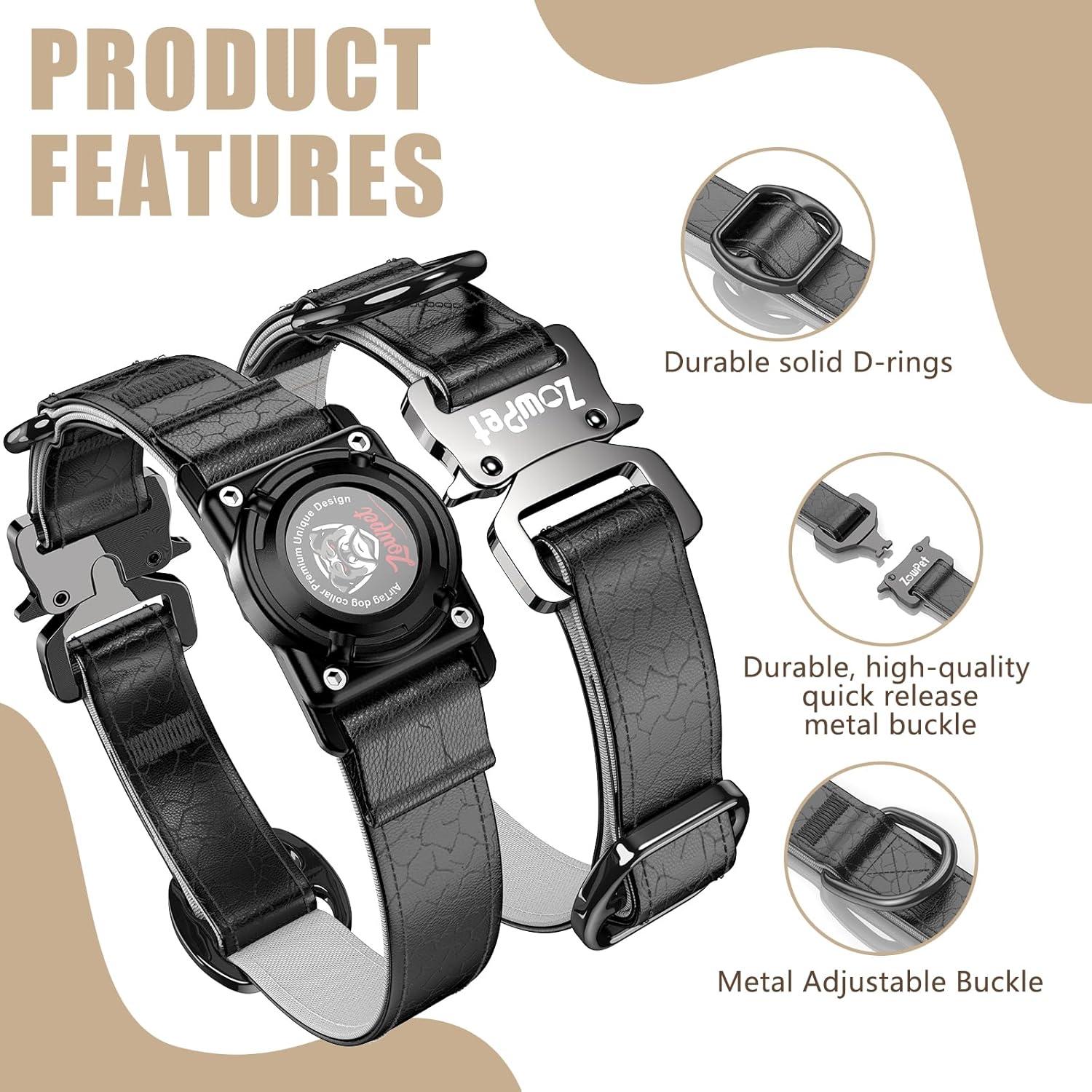 Collar de Cuero para Perro Zowpet con Soporte AirTag Negro M