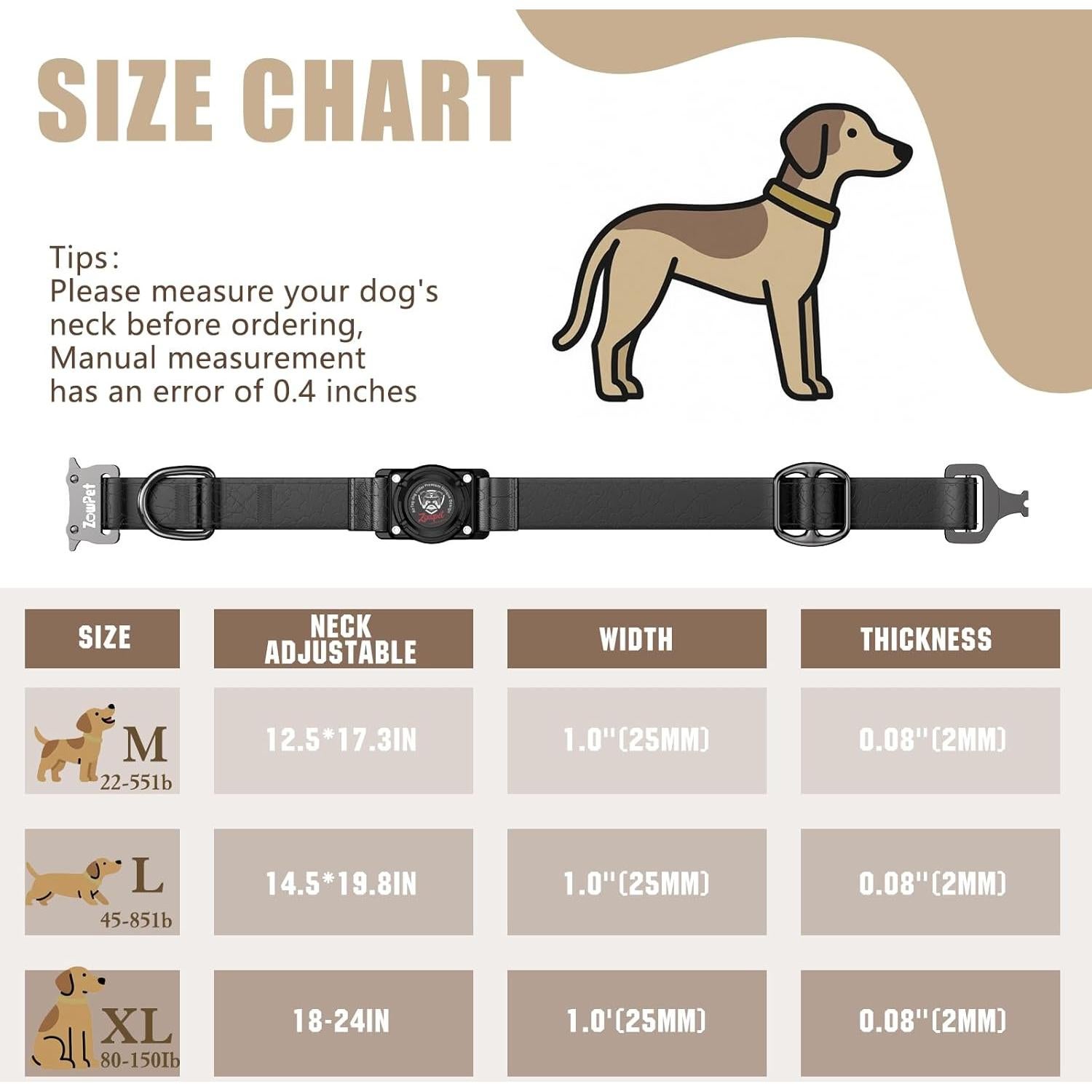 Collar de Cuero para Perro Zowpet con Soporte AirTag Negro M