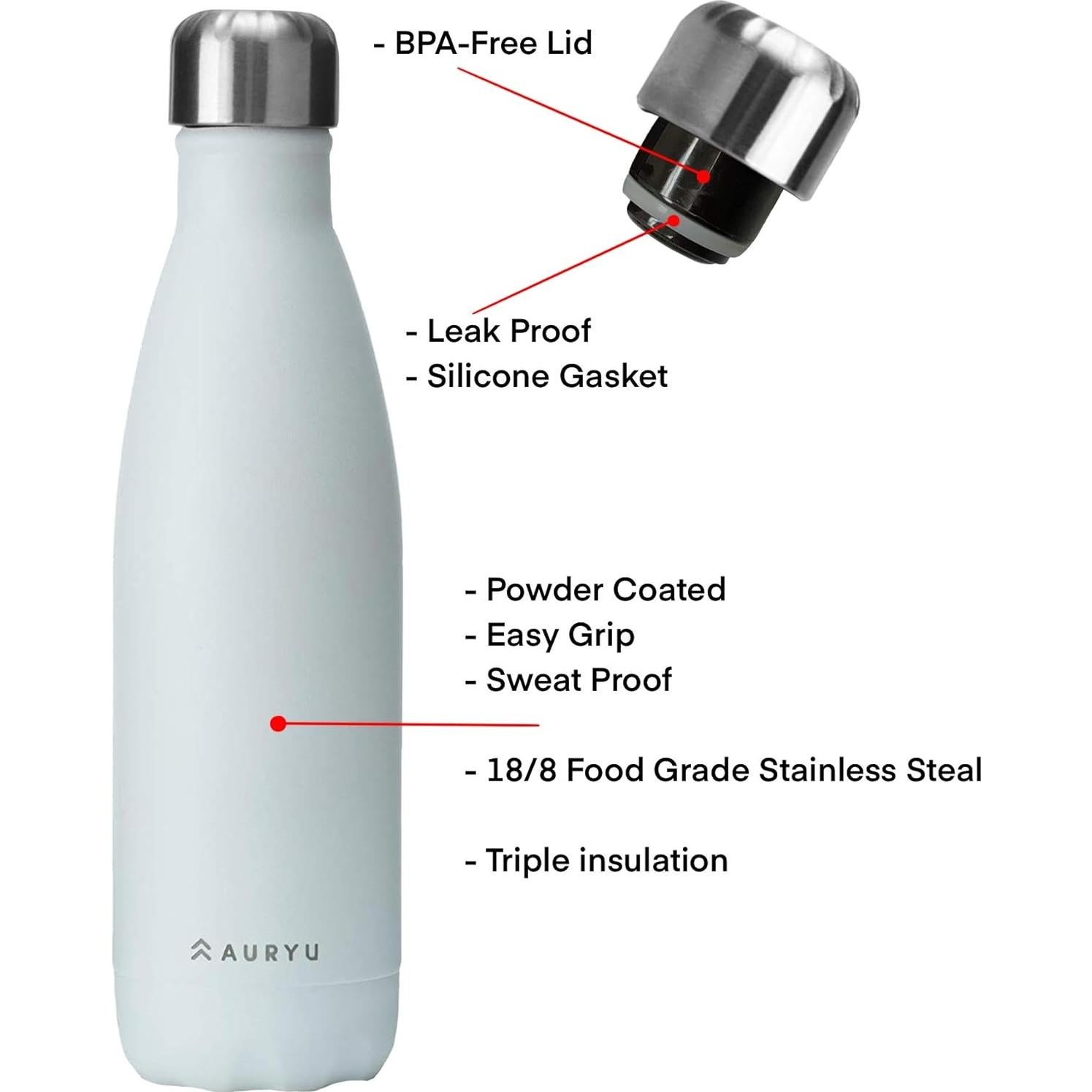 Botella de Agua Auryu 500ml Acero Inoxidable Aislada Blanca