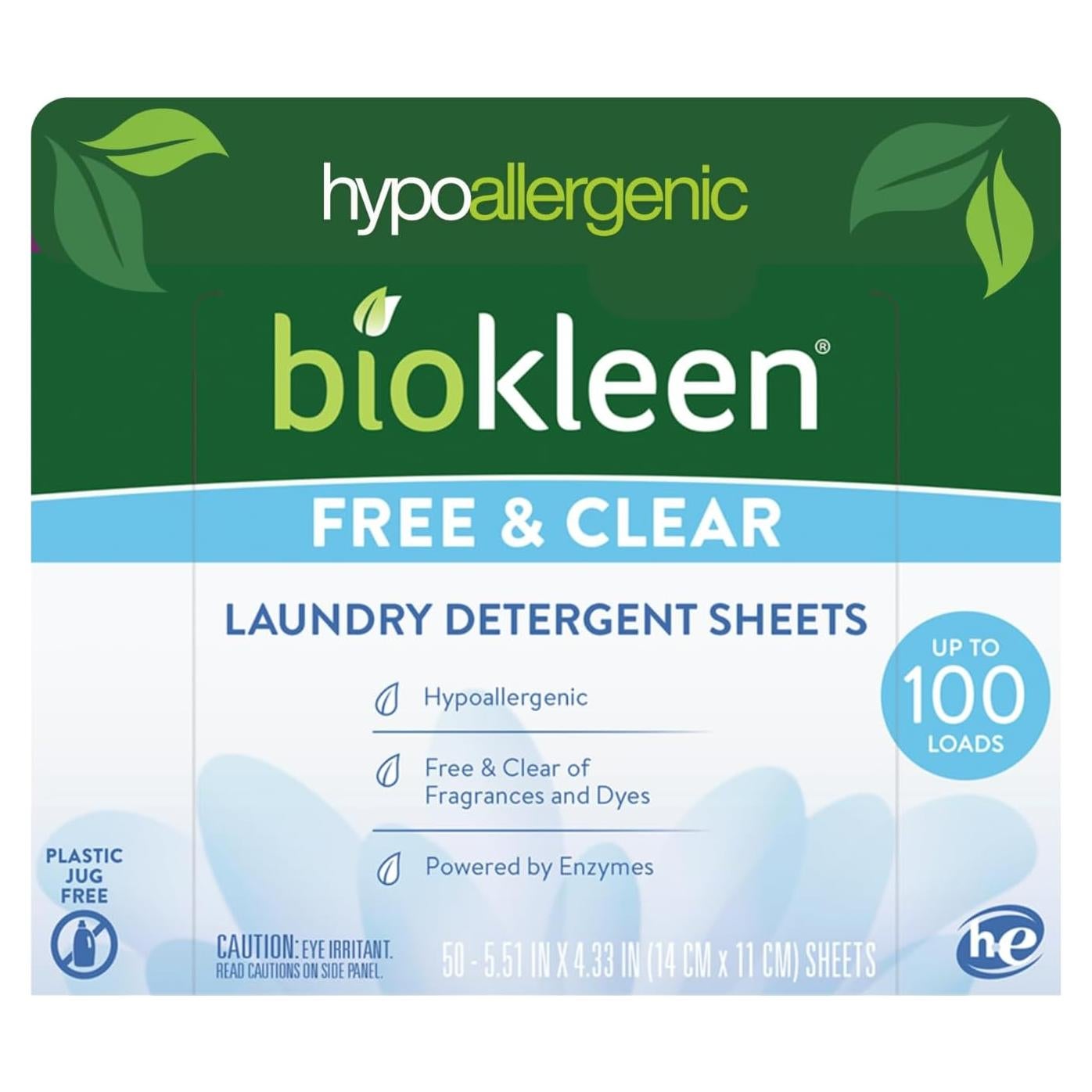 Hojas de detergente Biokleen Free & Clear - 100 cargas, hipoalergénico