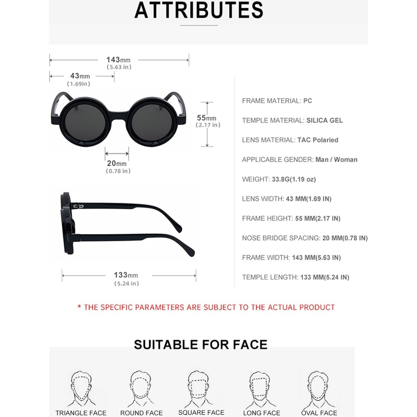 Gafas de sol ajustables Onrtry polarizadas redondas ND 43mm