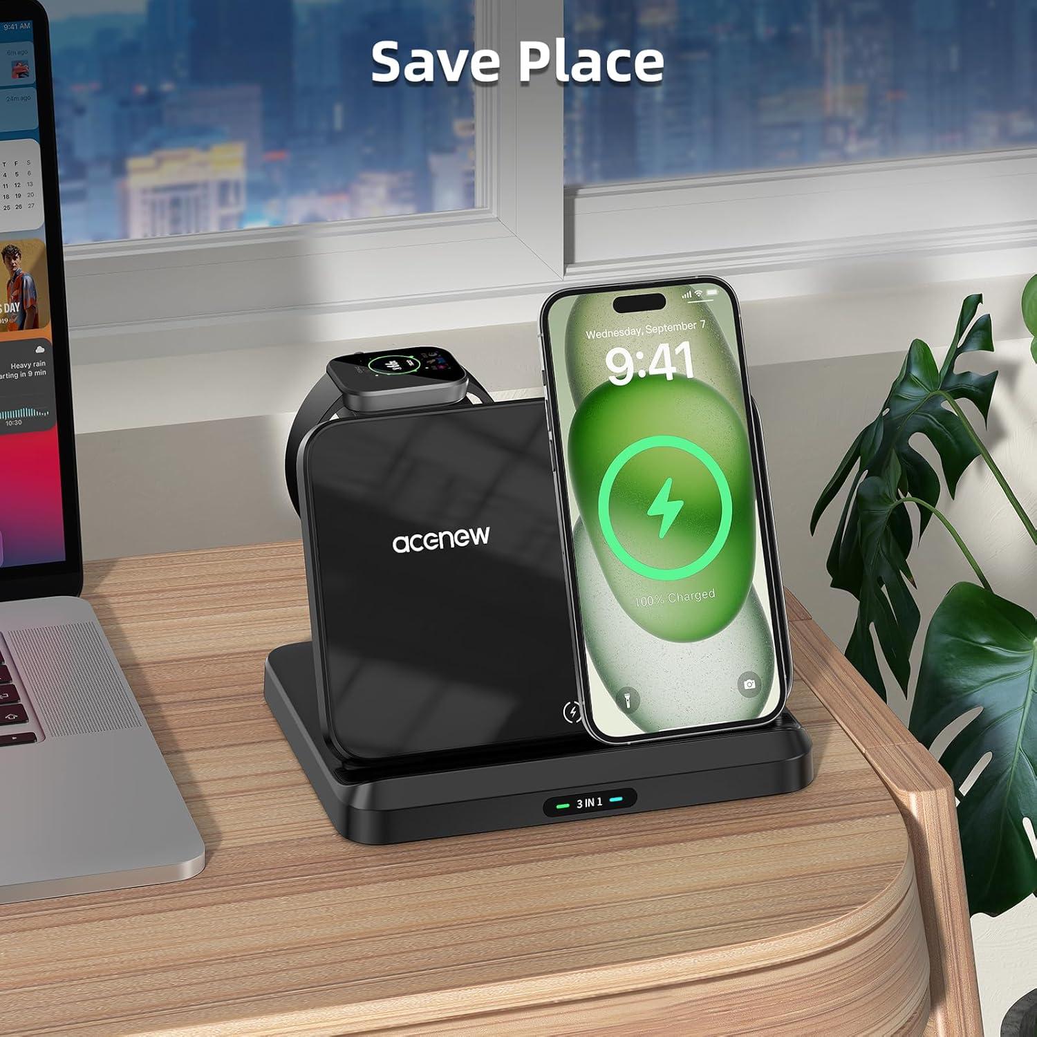 Cargador Inalámbrico 3-en-1 Acenew 25W para iPhone, Apple Watch y AirPods