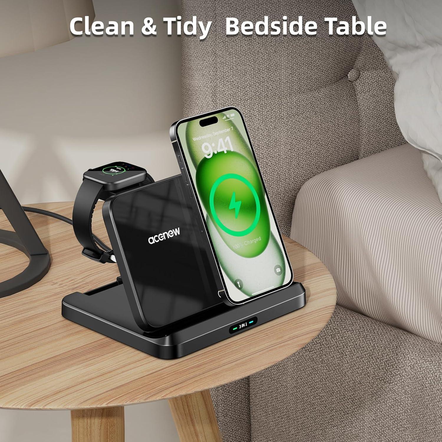 Cargador Inalámbrico 3-en-1 Acenew 25W para iPhone, Apple Watch y AirPods