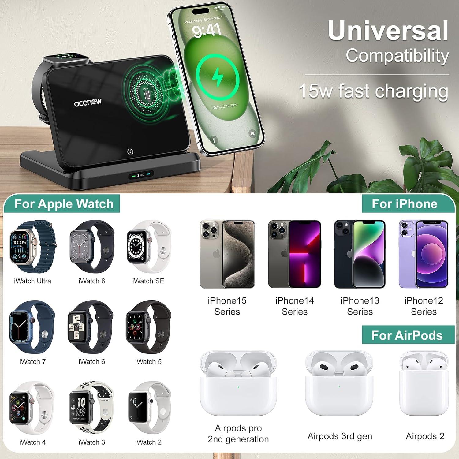 Cargador Inalámbrico 3-en-1 Acenew 25W para iPhone, Apple Watch y AirPods