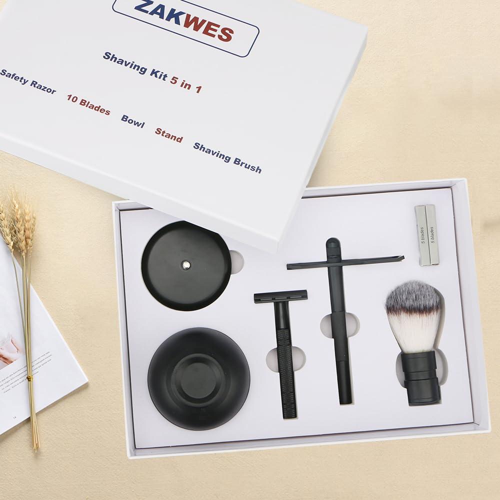 Set de Afeitado 5 en 1 para Hombre - Maquinilla Doble Filo, Brocha, Soporte, 10 Cuchillas, Tazón - Regalo Elegante