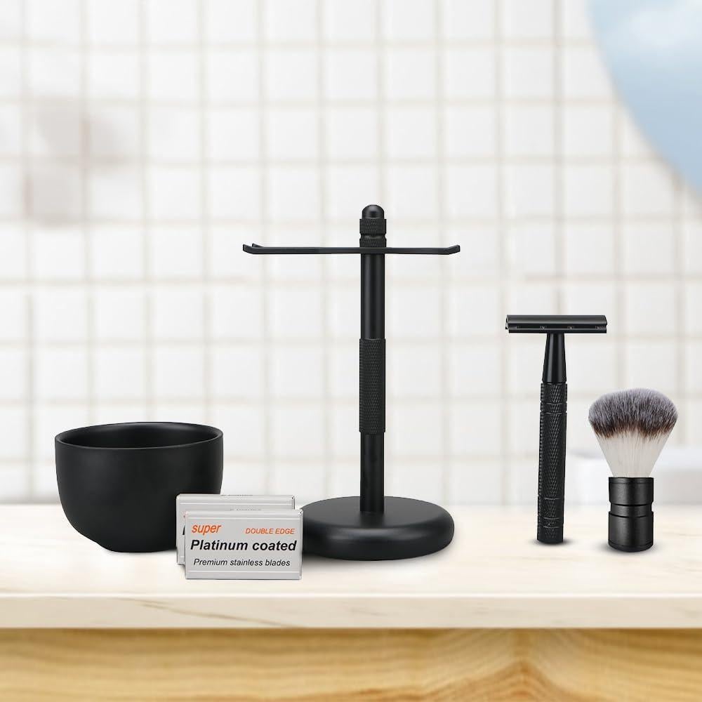 Set de Afeitado 5 en 1 para Hombre - Maquinilla Doble Filo, Brocha, Soporte, 10 Cuchillas, Tazón - Regalo Elegante