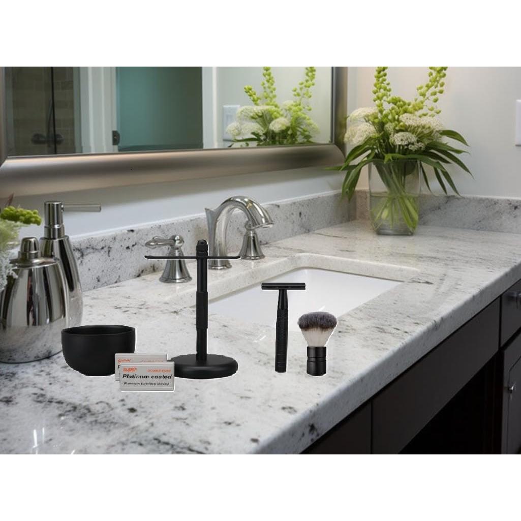 Set de Afeitado 5 en 1 para Hombre - Maquinilla Doble Filo, Brocha, Soporte, 10 Cuchillas, Tazón - Regalo Elegante