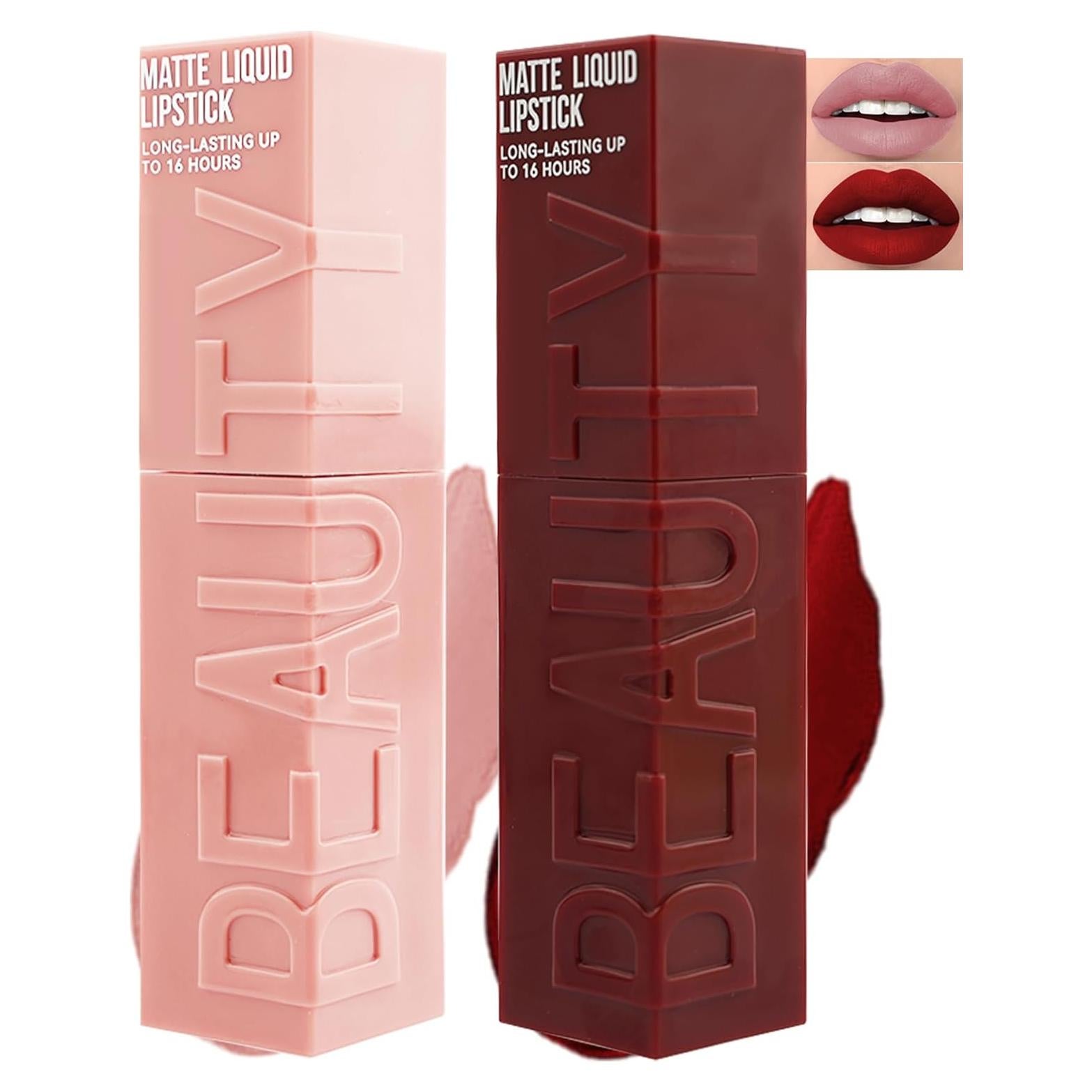 Lápiz Labial Líquido Mate 2Pcs Rosa Nude y Rojo Vino - Larga Duración