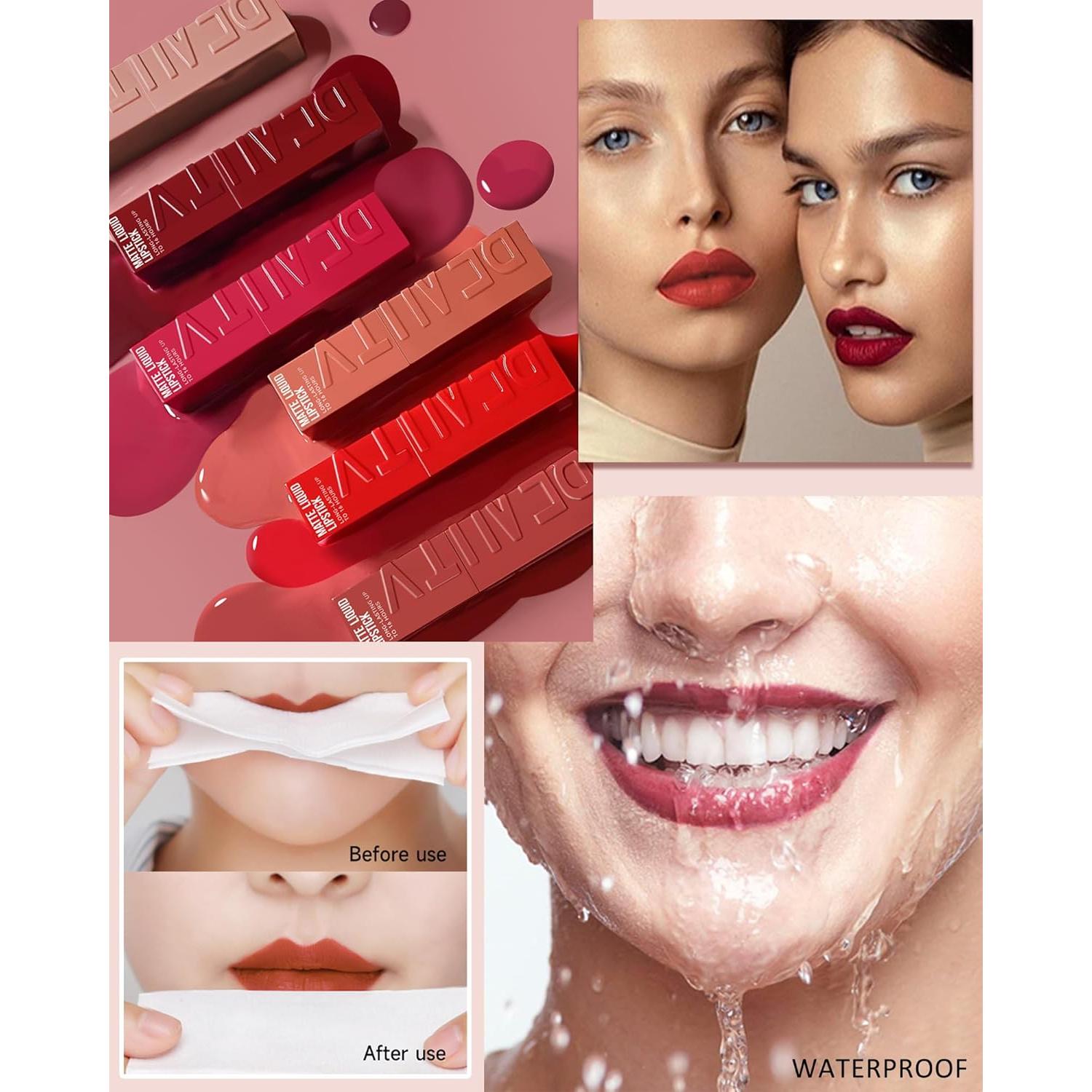 Lápiz Labial Líquido Mate 2Pcs Rosa Nude y Rojo Vino - Larga Duración