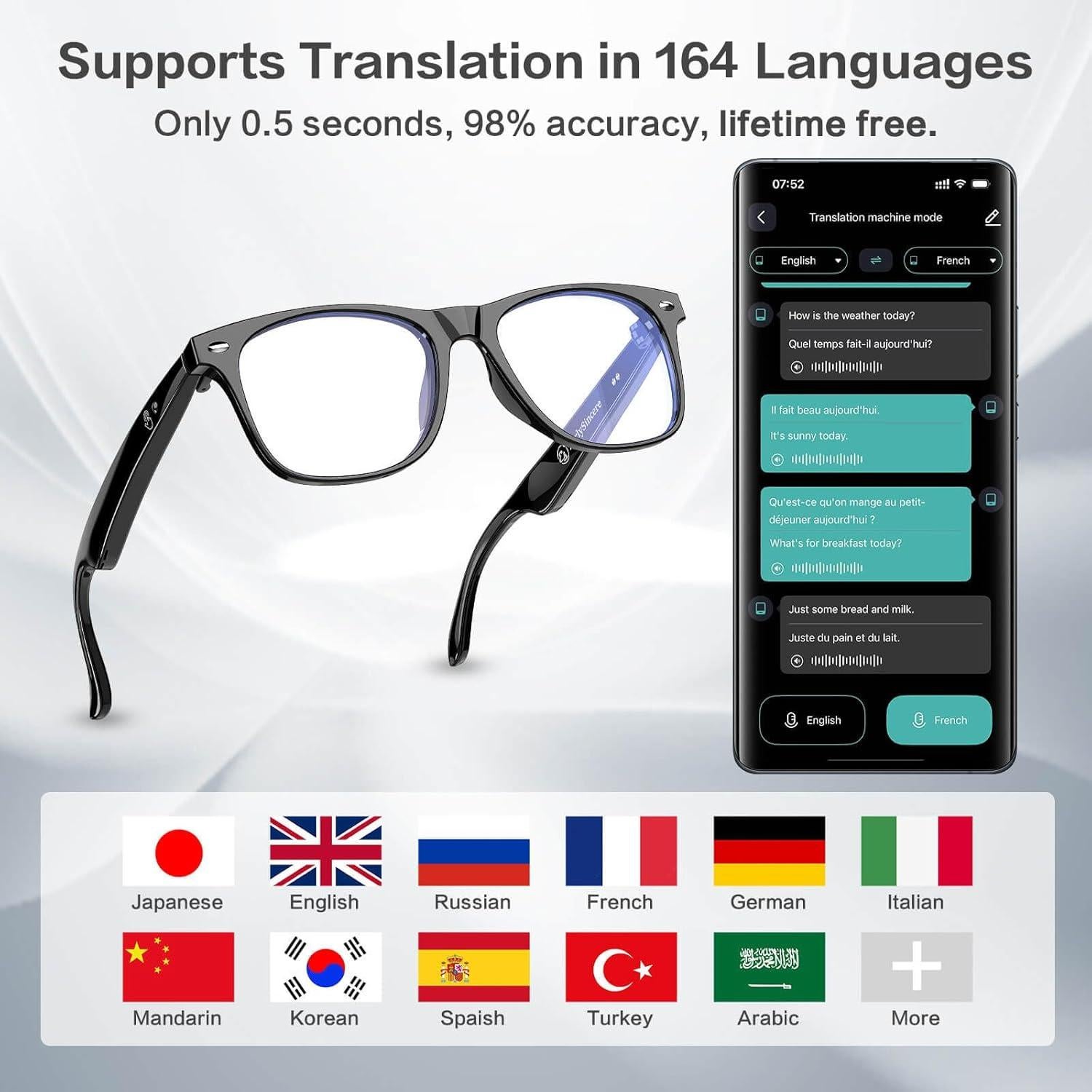 Gafas Inteligentes EarlySincere Bluetooth con Traducción 164 Idiomas