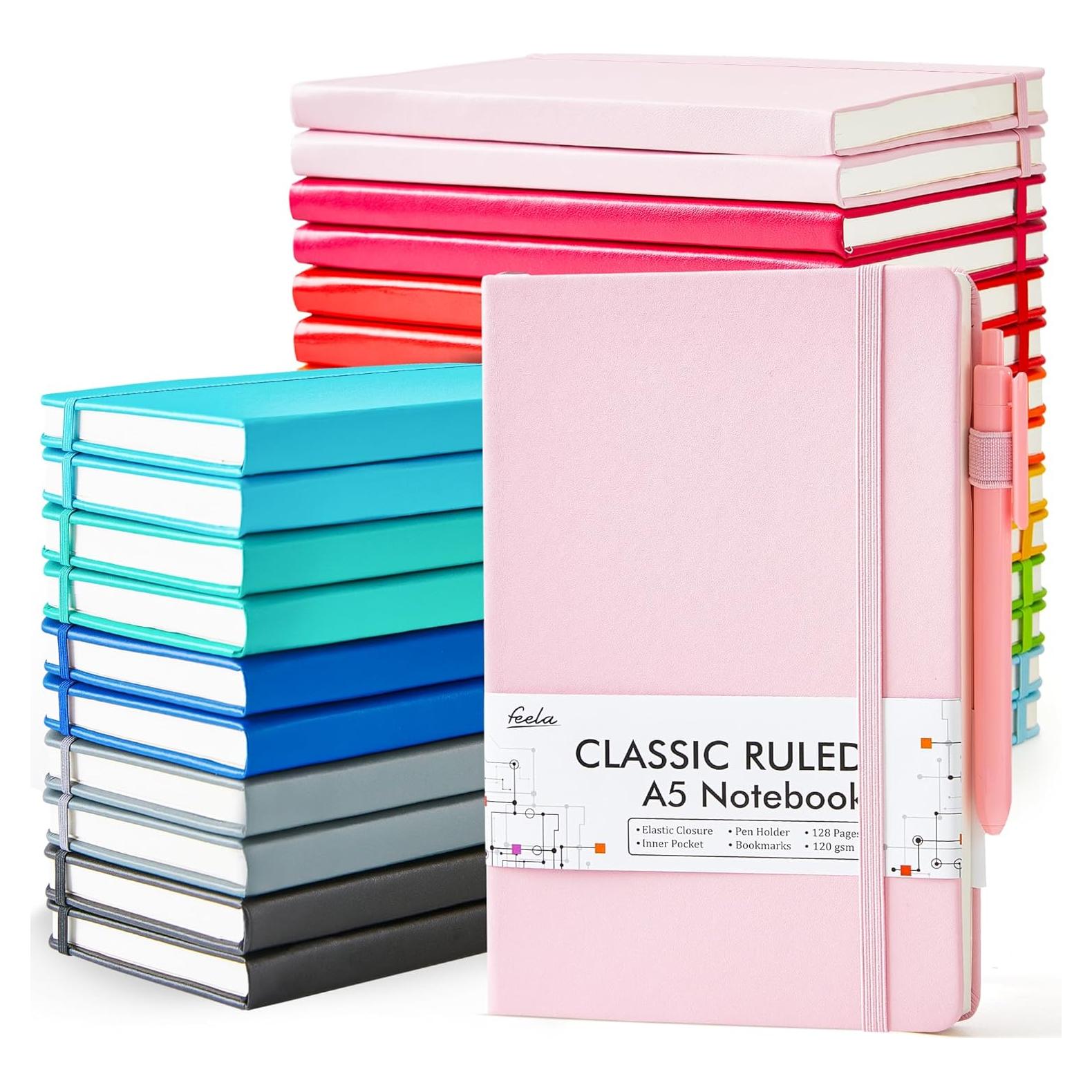 Paquete de 24 Cuadernos Rayados A5 Feela con 24 Bolígrafos