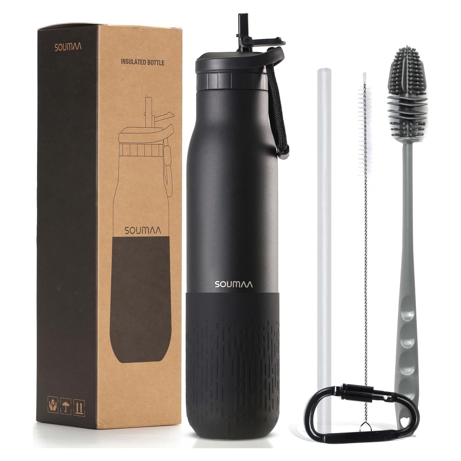 Botella de Agua Aislada SOUMAA 0.74L con Pajilla Negra