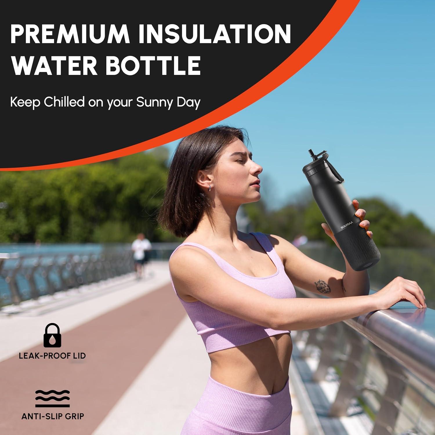 Botella de Agua Aislada SOUMAA 0.74L con Pajilla Negra