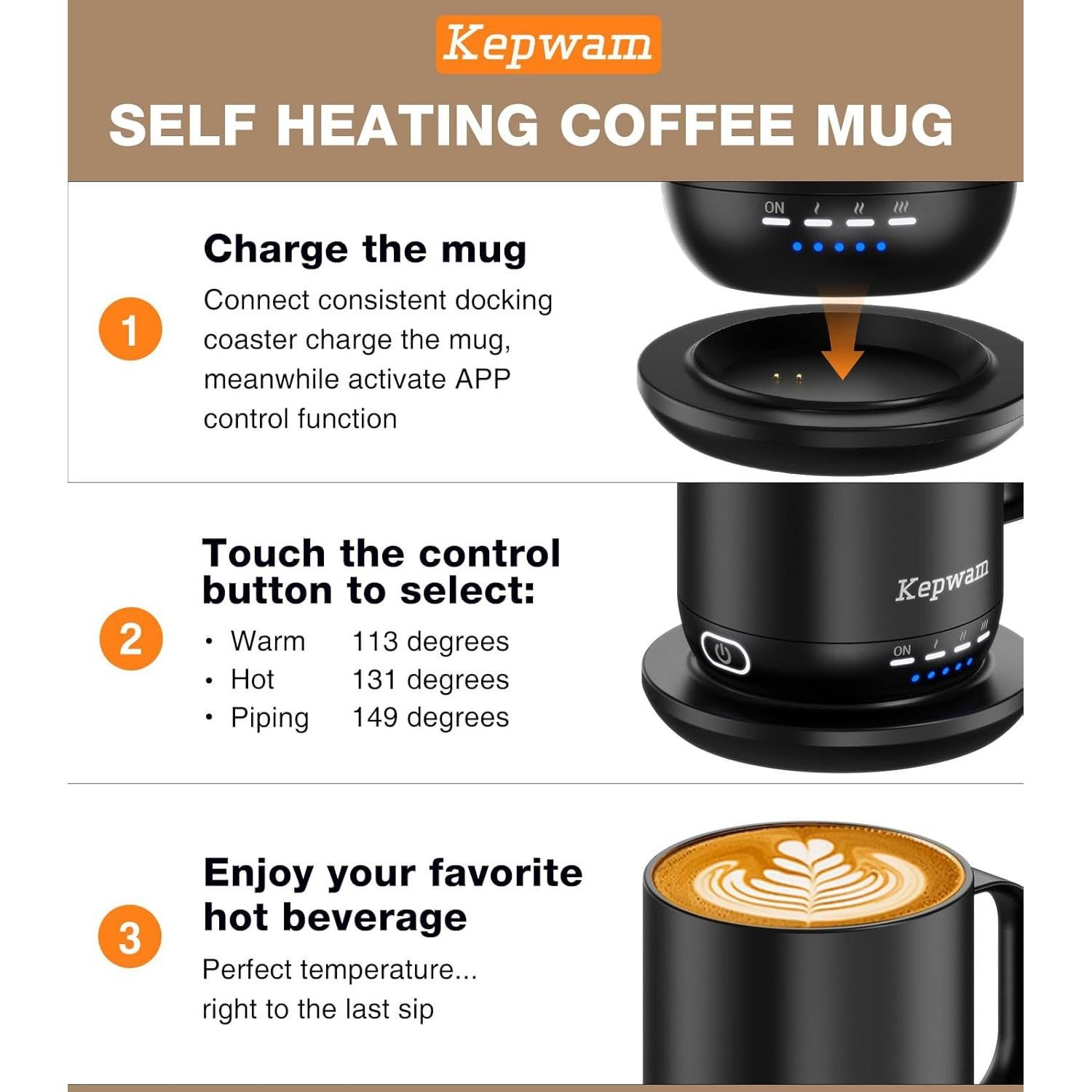 Taza de café autocalentable Kepwam 16oz - Control por APP