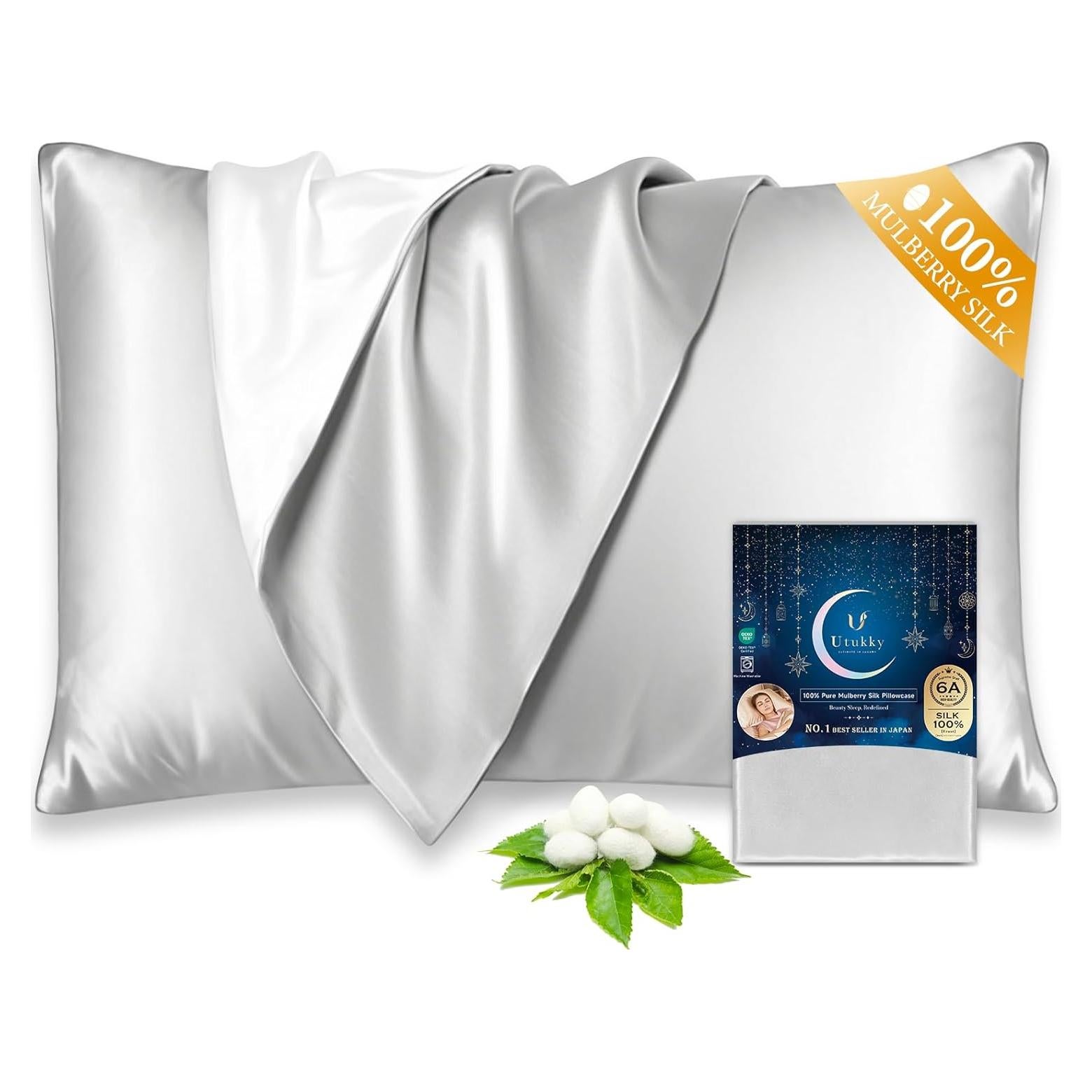 Funda de Almohada Utukky 100% Seda de Morera Reina Gris