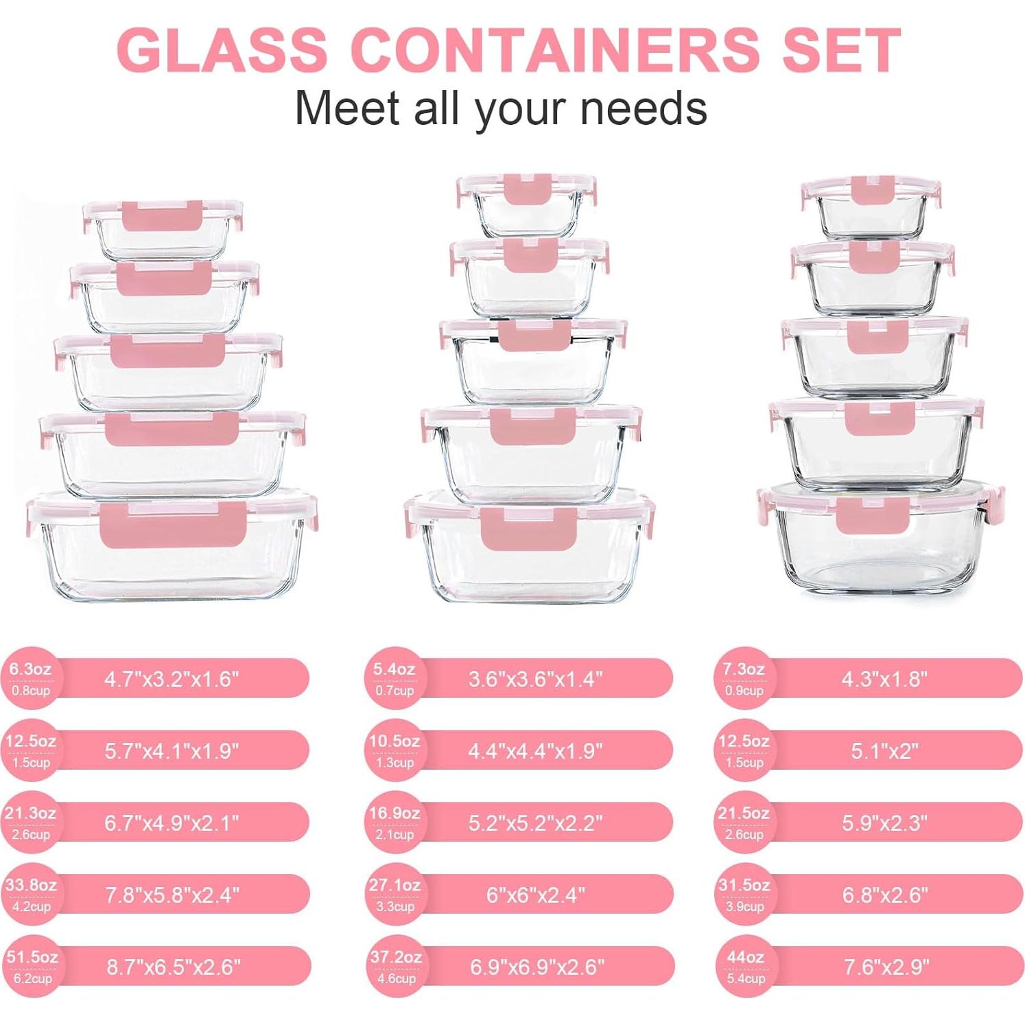 KOMUEE Set 30 Piezas Contenedores Vidrio Herméticos Rosa