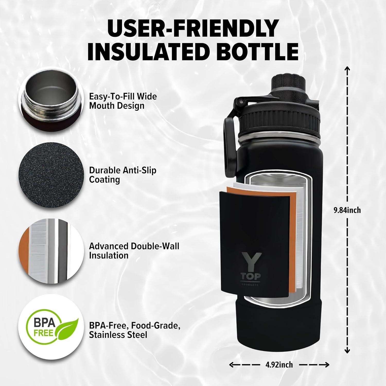 Botella de Agua Aislada Y TOP 532 ml Acero Inoxidable Negra