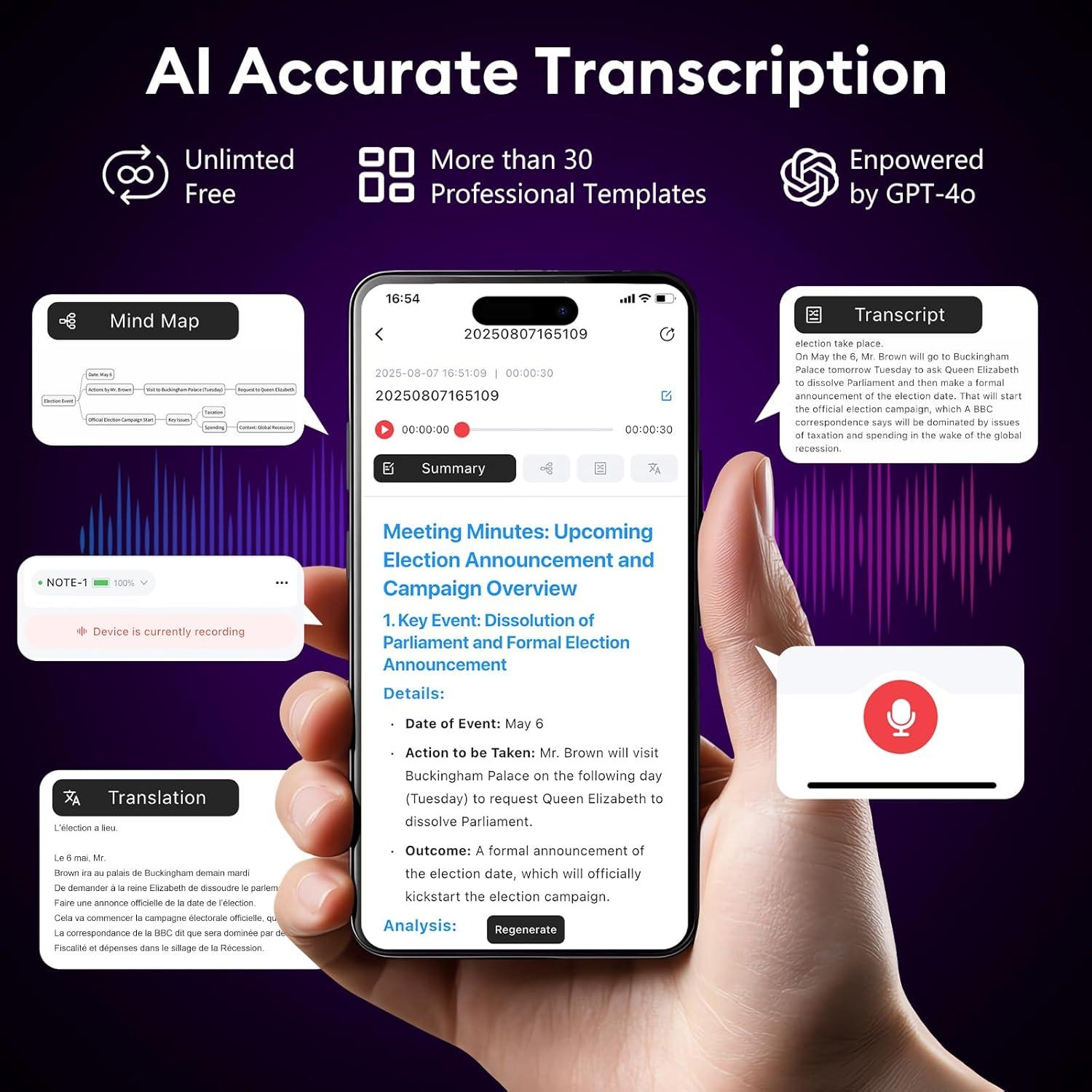 Grabadora de Voz AI Tophorse NOTE-1, 64GB, Transcripción en 101 Idiomas