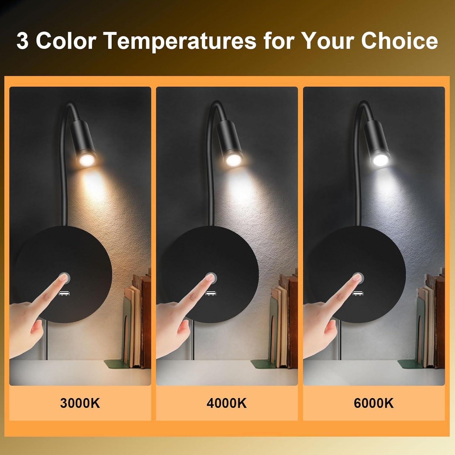 Luz de Lectura de Pared ERAY con USB y 3 Colores - Paquete de 2