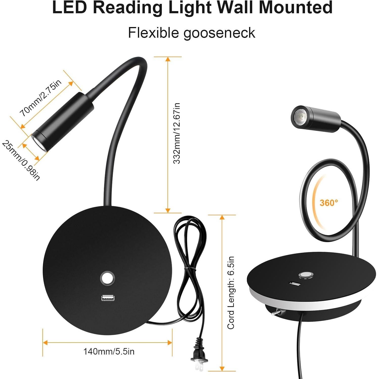 Luz de Lectura de Pared ERAY con USB y 3 Colores - Paquete de 2