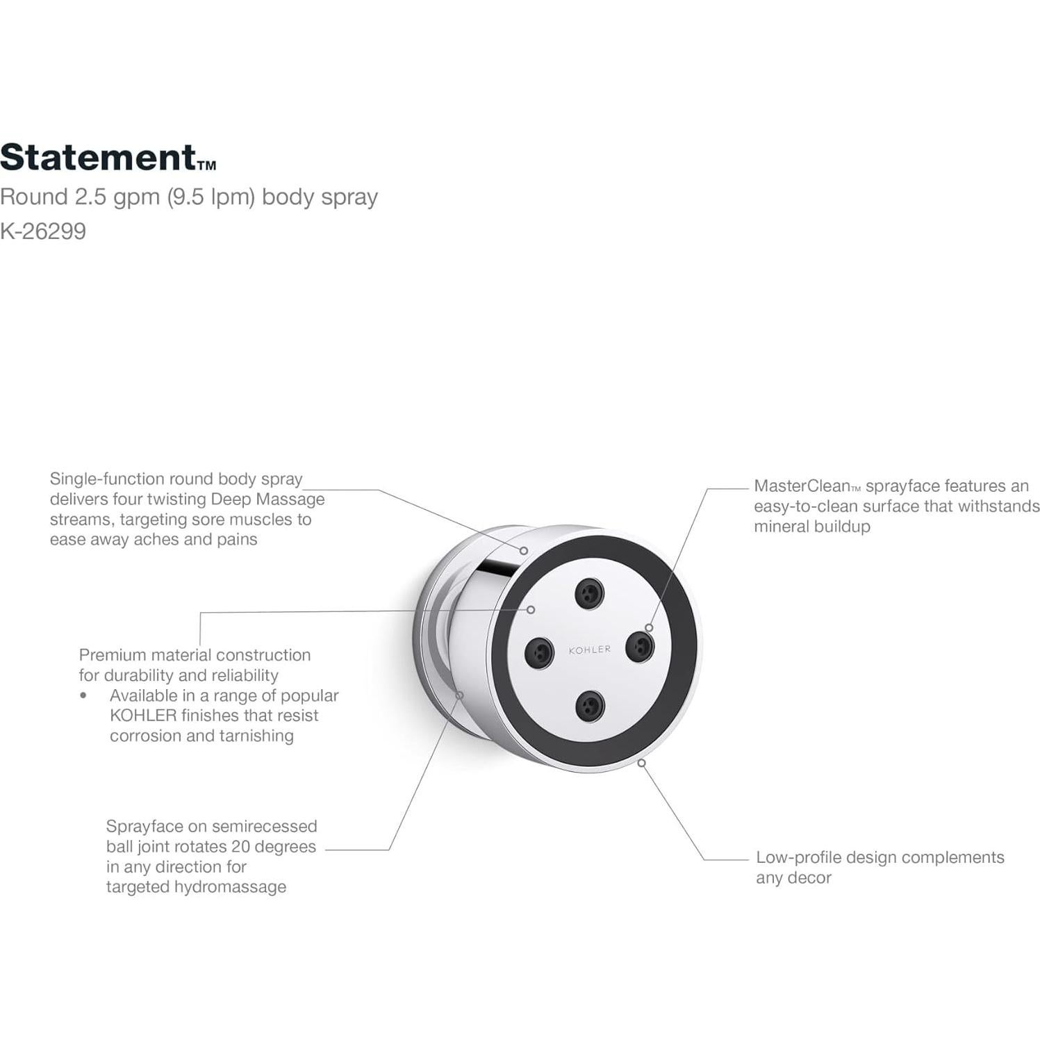 Rociador de Cuerpo de Ducha KOHLER 26299-CP Cromo Pulido