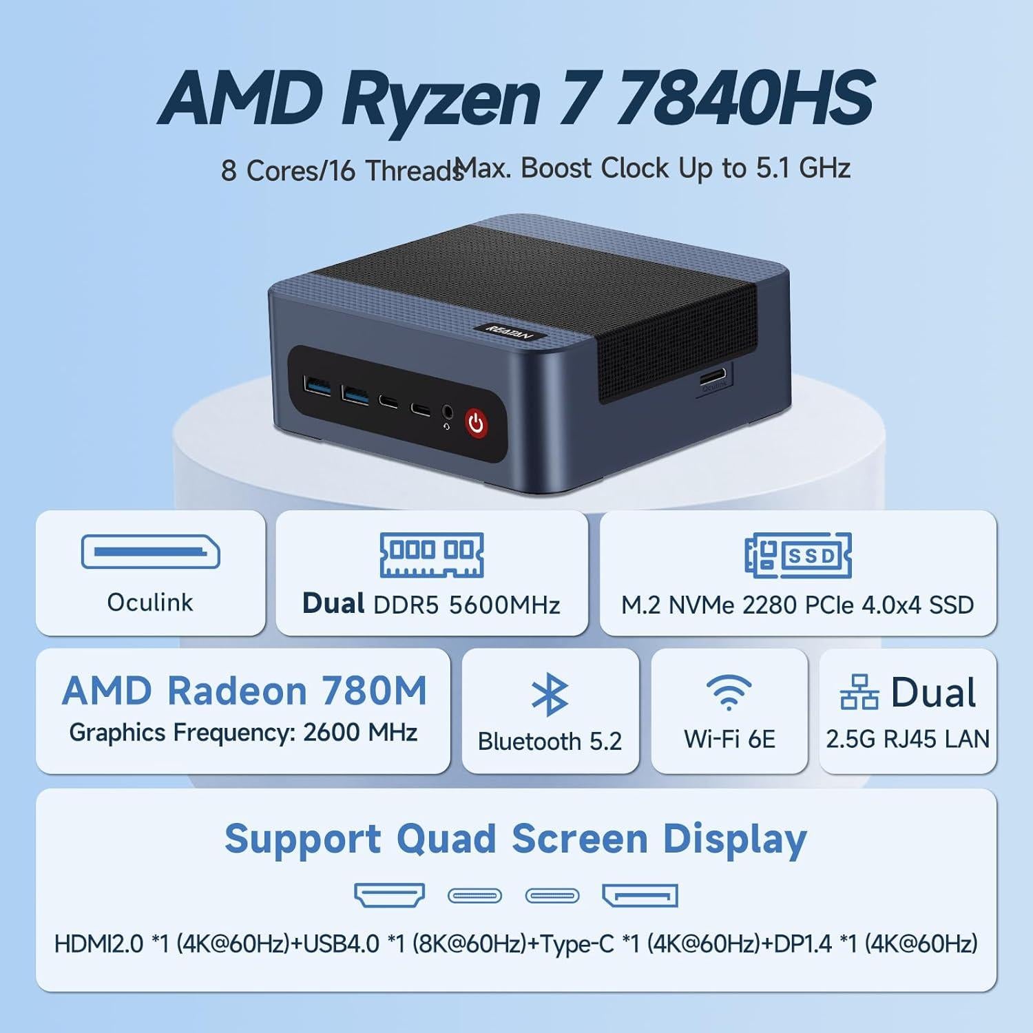 Mini PC Gaming Reatan Alloy-X Ryzen 7 7840HS 32GB 1TB SSD