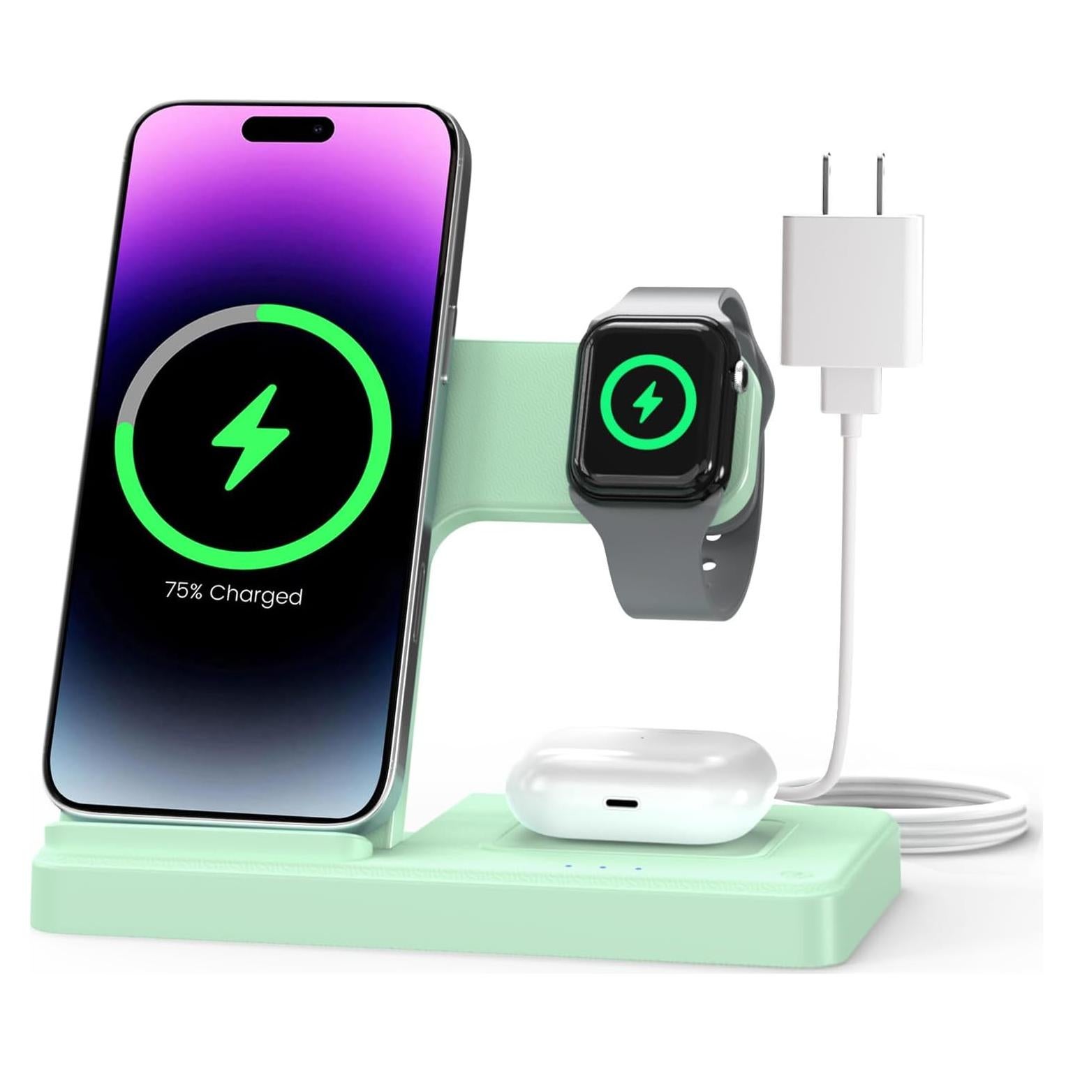 Cargador Inalámbrico 3 en 1 Verde Claro para iPhone y Apple