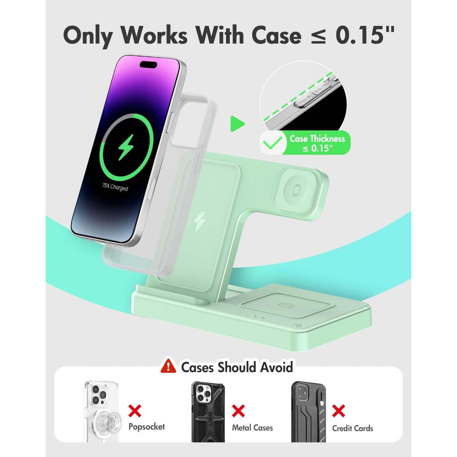 Cargador Inalámbrico 3 en 1 Verde Claro para iPhone y Apple