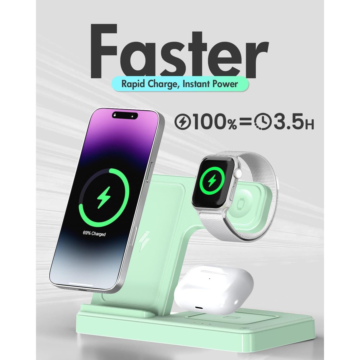 Cargador Inalámbrico 3 en 1 Verde Claro para iPhone y Apple