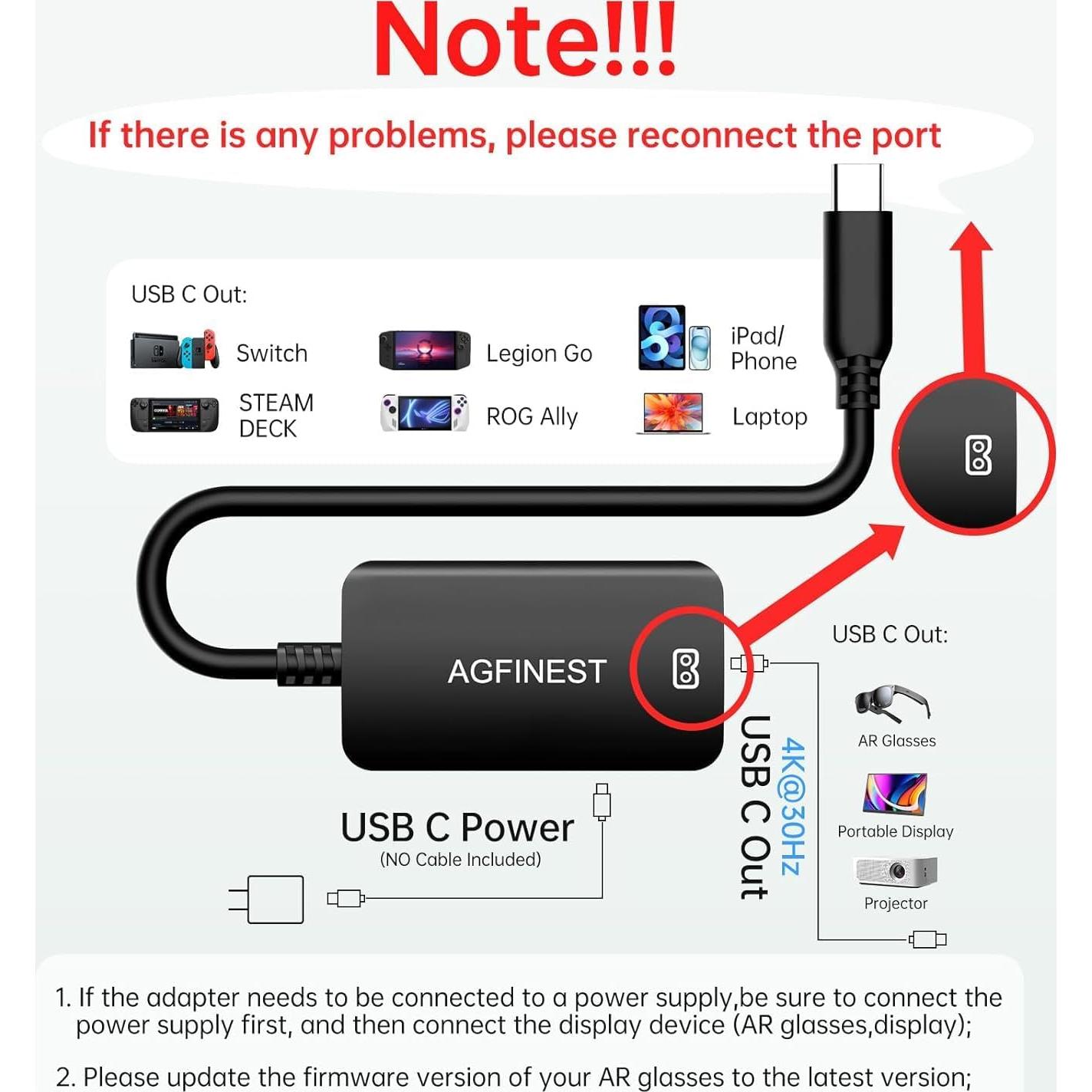 Adaptador USB-C a Gafas AR AGFINEST 4K 100W Carga 2 en 1