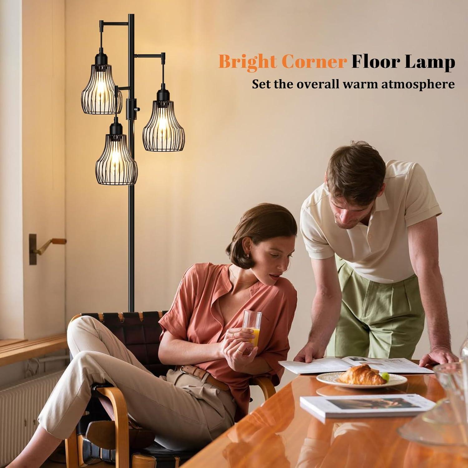 Lámpara de Pie Regulable Ziisee 70" con 3 Bombillas LED - Negro