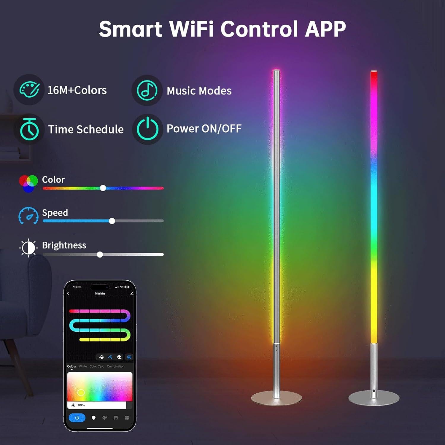 Lámpara de Pie LED RGBW Marlrin 147 cm con Control Remoto