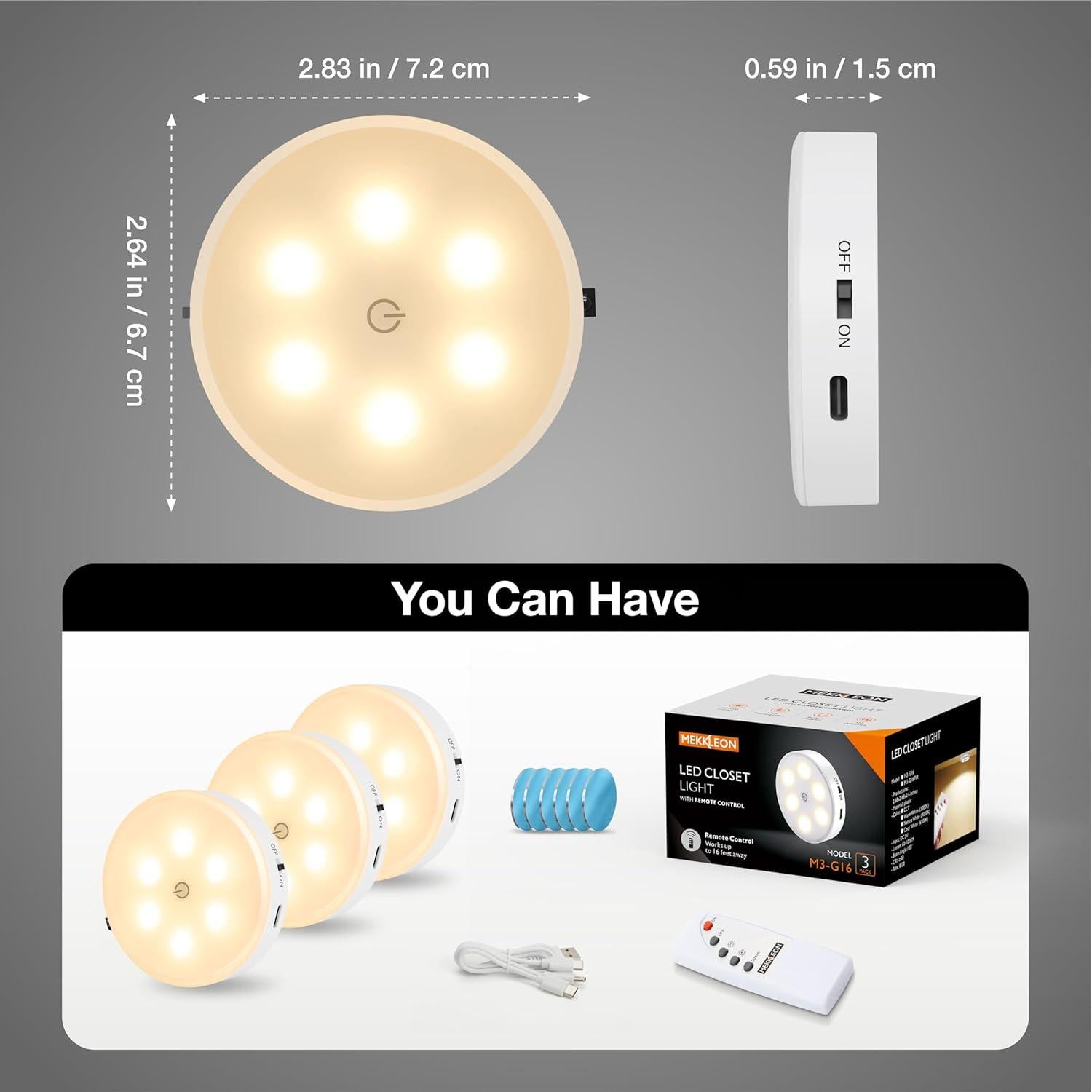 Luces Puck LED Recargables MEKKLEON 3 PCS Control Remoto